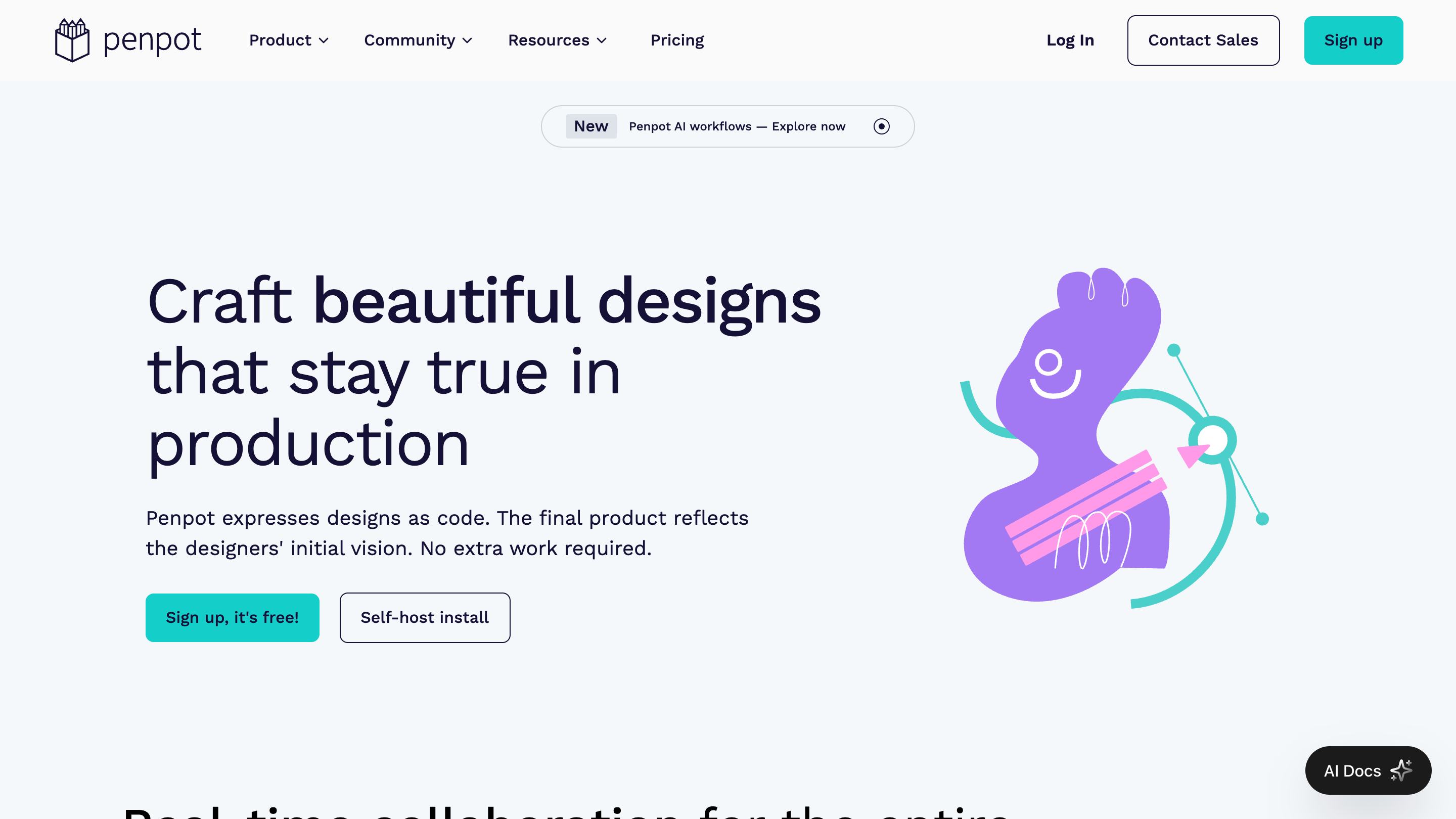 The Penpot design page, headlined "Craft beautiful designs that stay true in production," next to a purple illustration of a hand holding a pencil