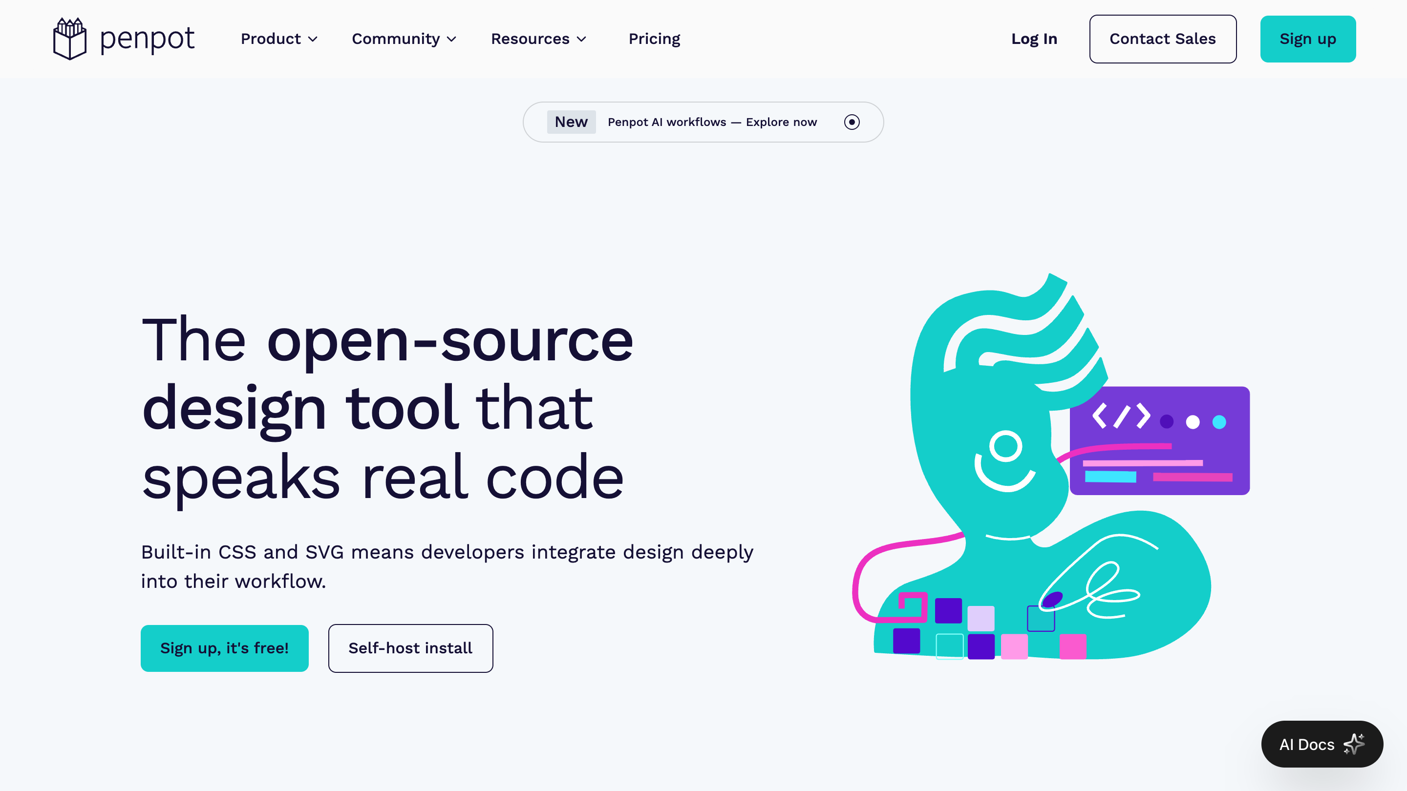 The Penpot code page, headlined "The open-source design tool that speaks real code," with built-in CSS and SVG