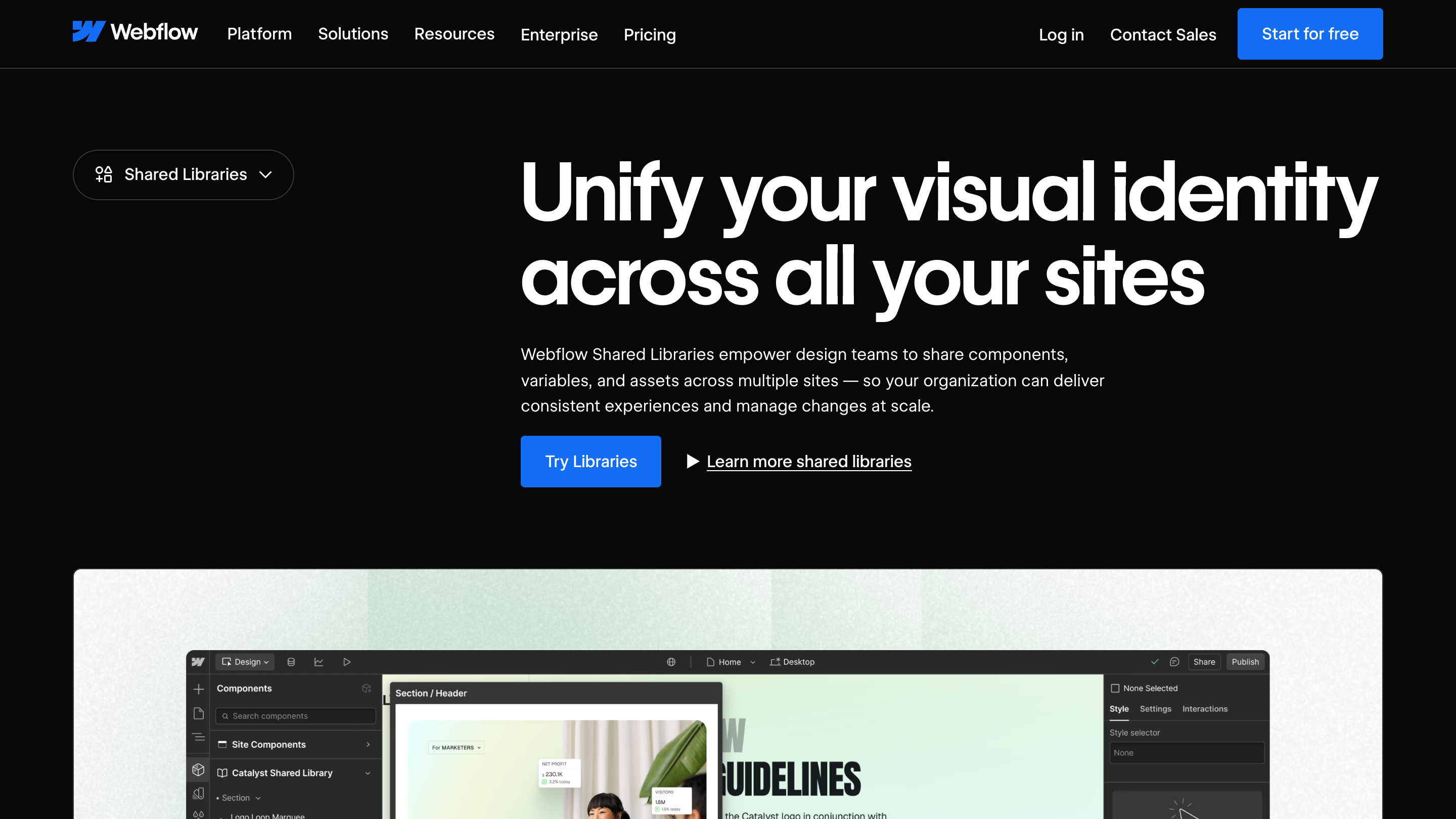 The Webflow Shared Libraries feature page, headline reading Unify your visual identity across all your sites