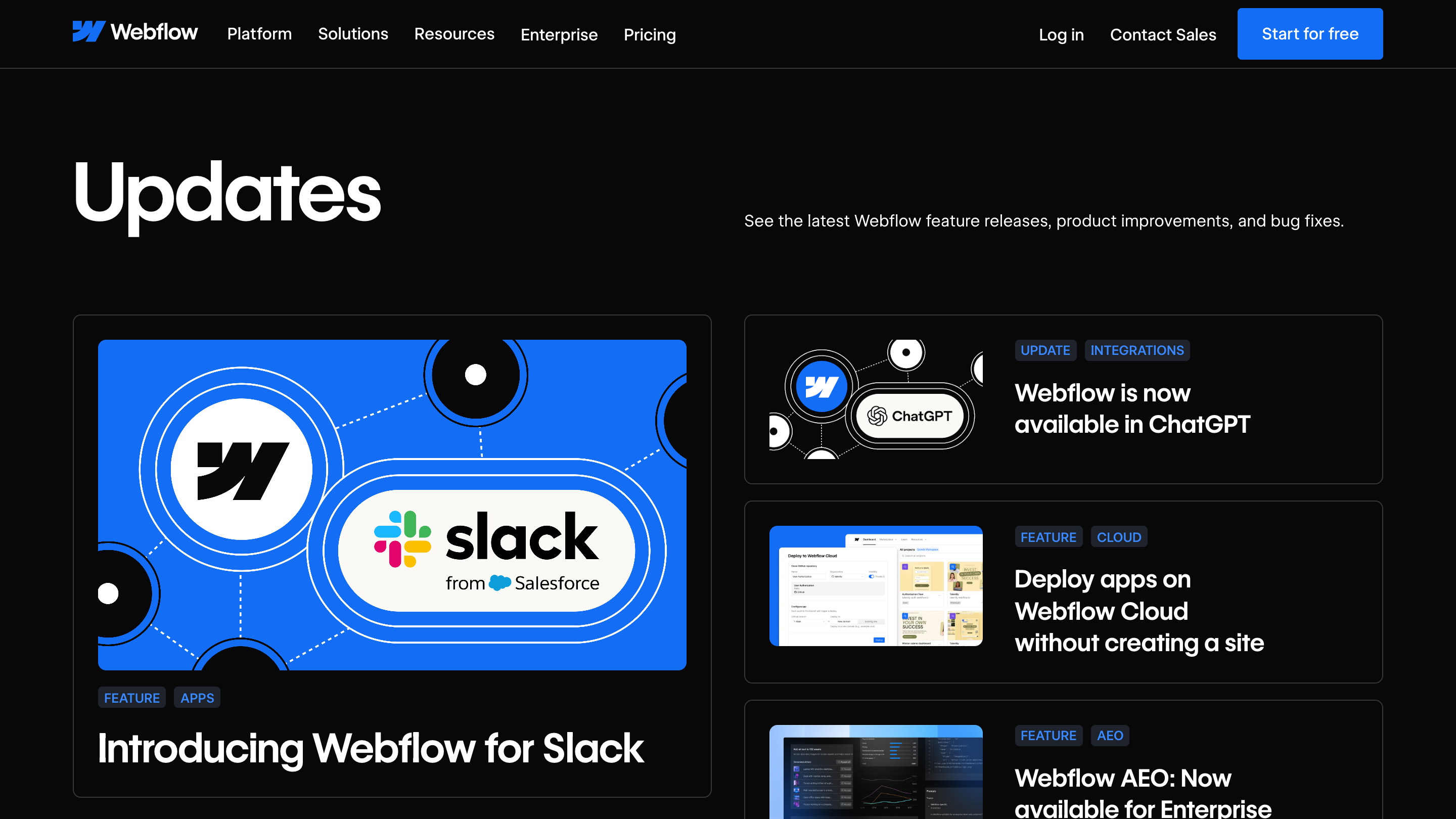 Webflow's Updates page, showing the July 2026 feature releases