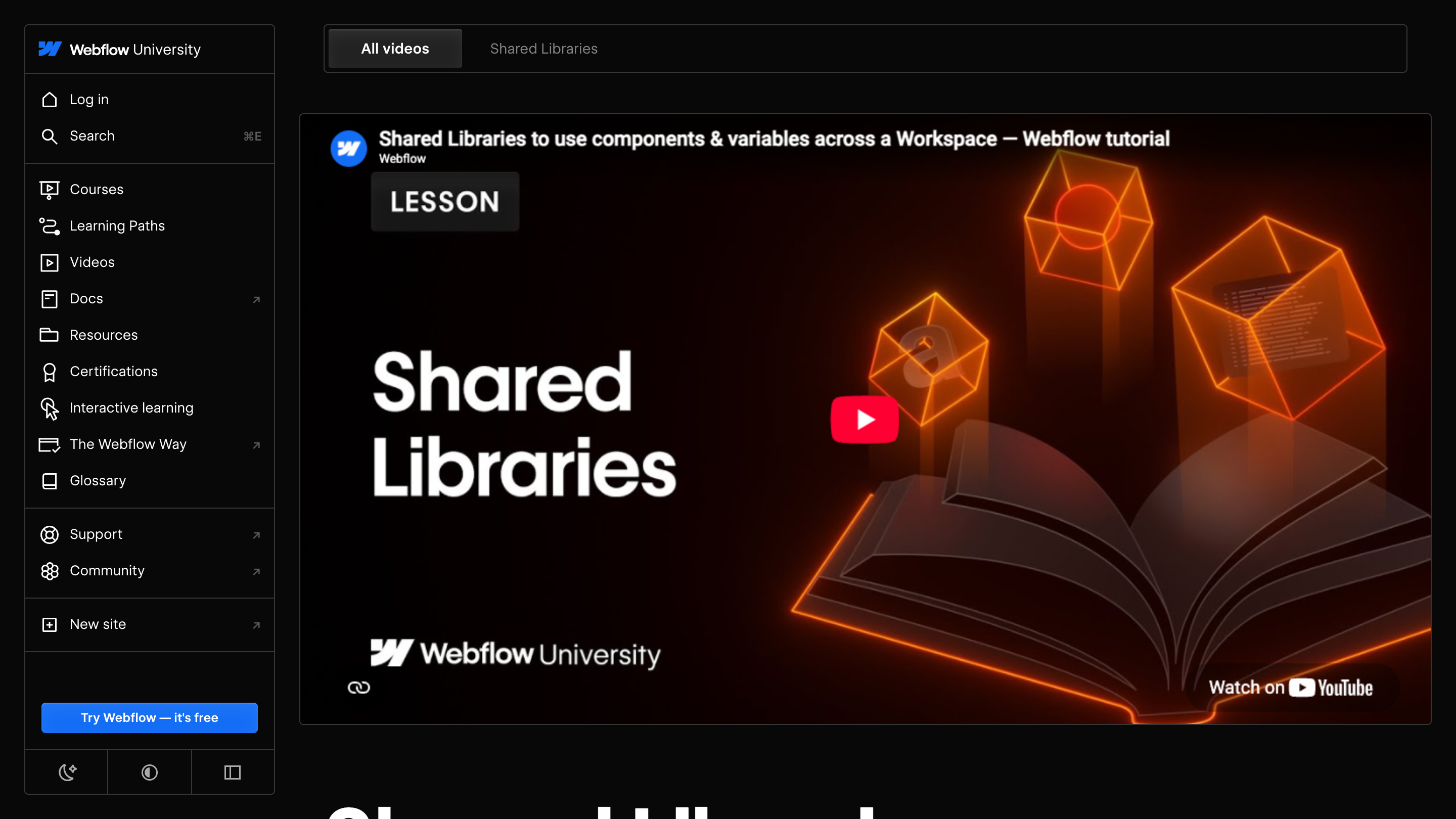 Webflow University's Shared Libraries lesson page