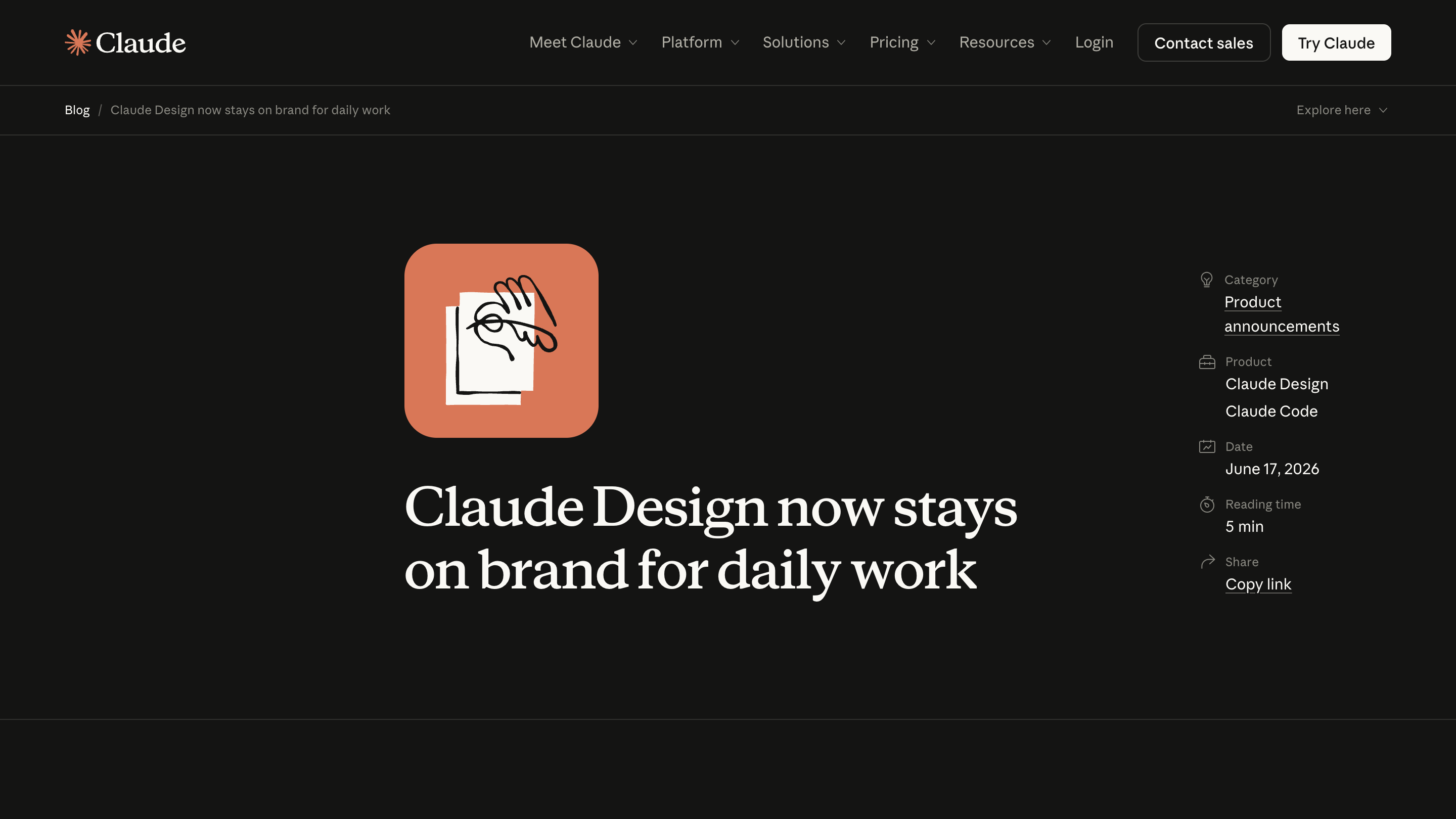 The Anthropic blog post announcing that Claude Design stays on brand for daily work