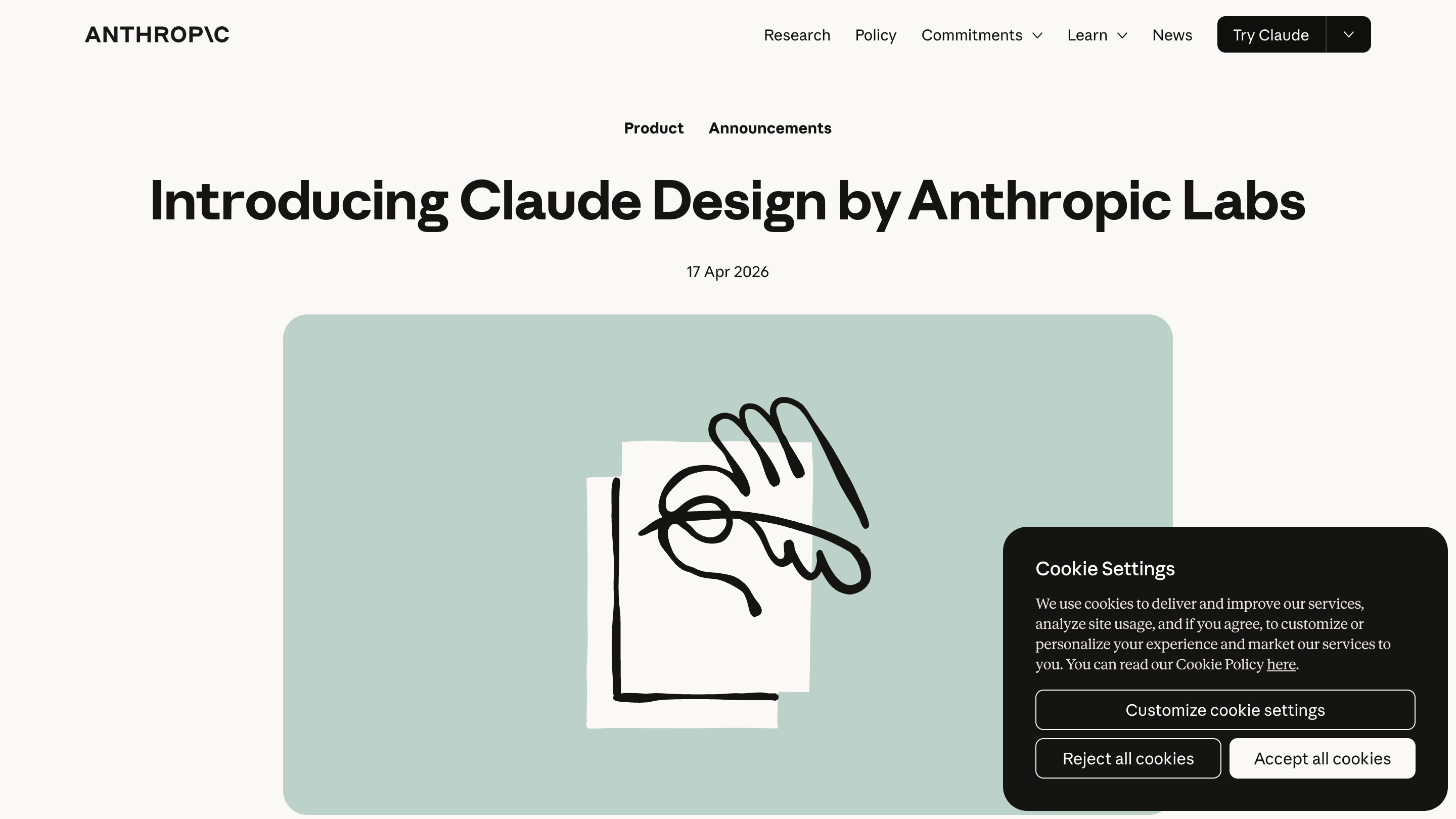 The Anthropic announcement post for Claude Design, showing the product introduction and its research preview framing