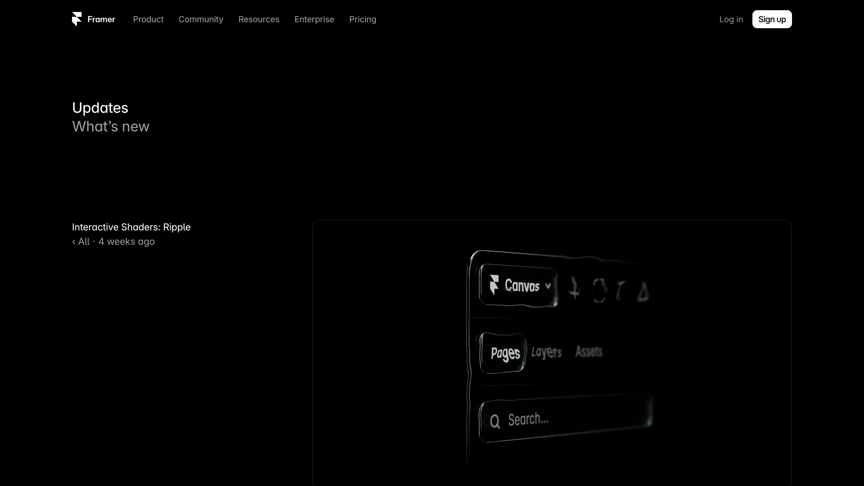 Framer's interactive shaders update page showing the Ripple effect distorting an image
