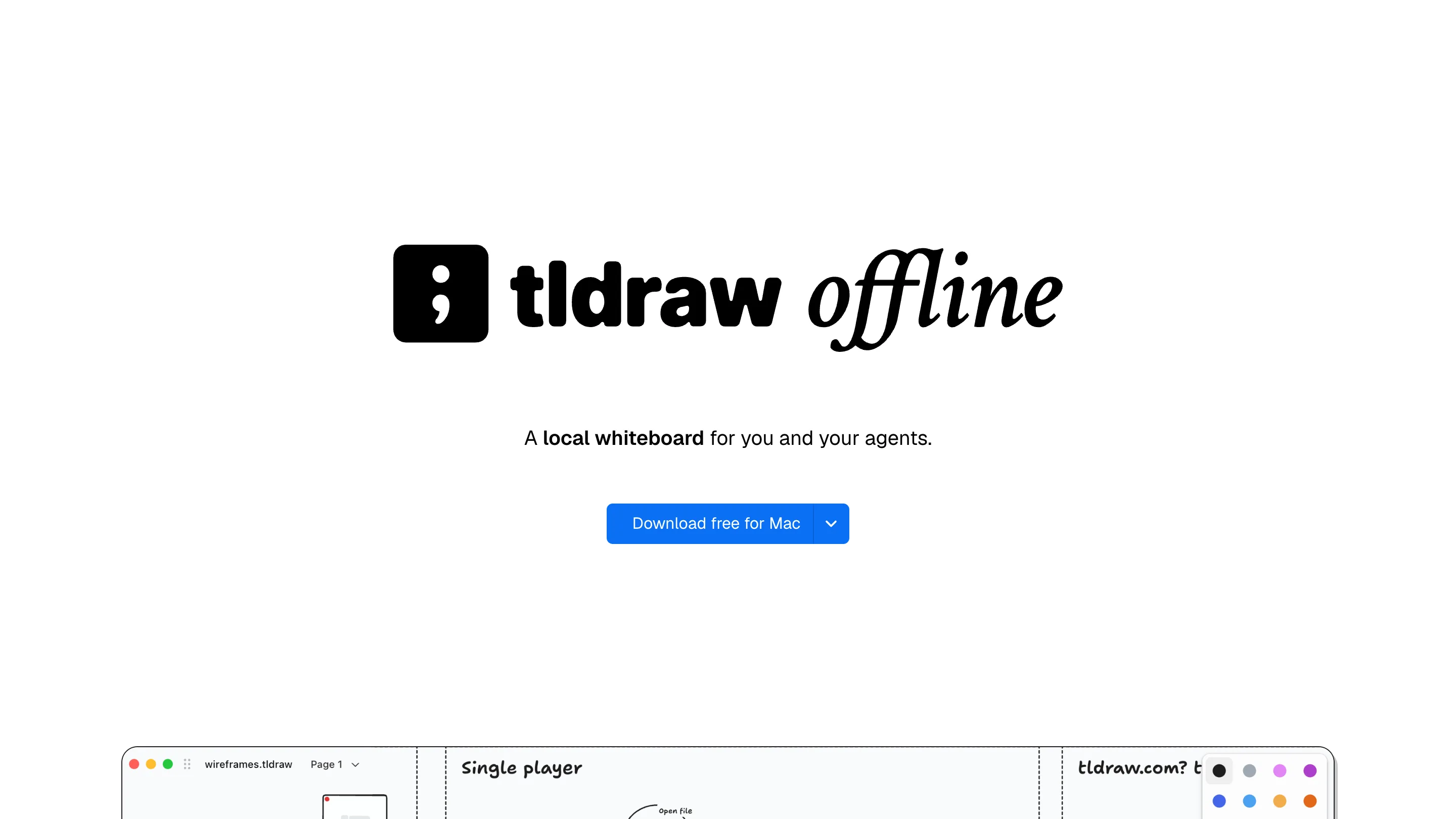 The tldraw offline landing page, describing a desktop whiteboard your AI can use too