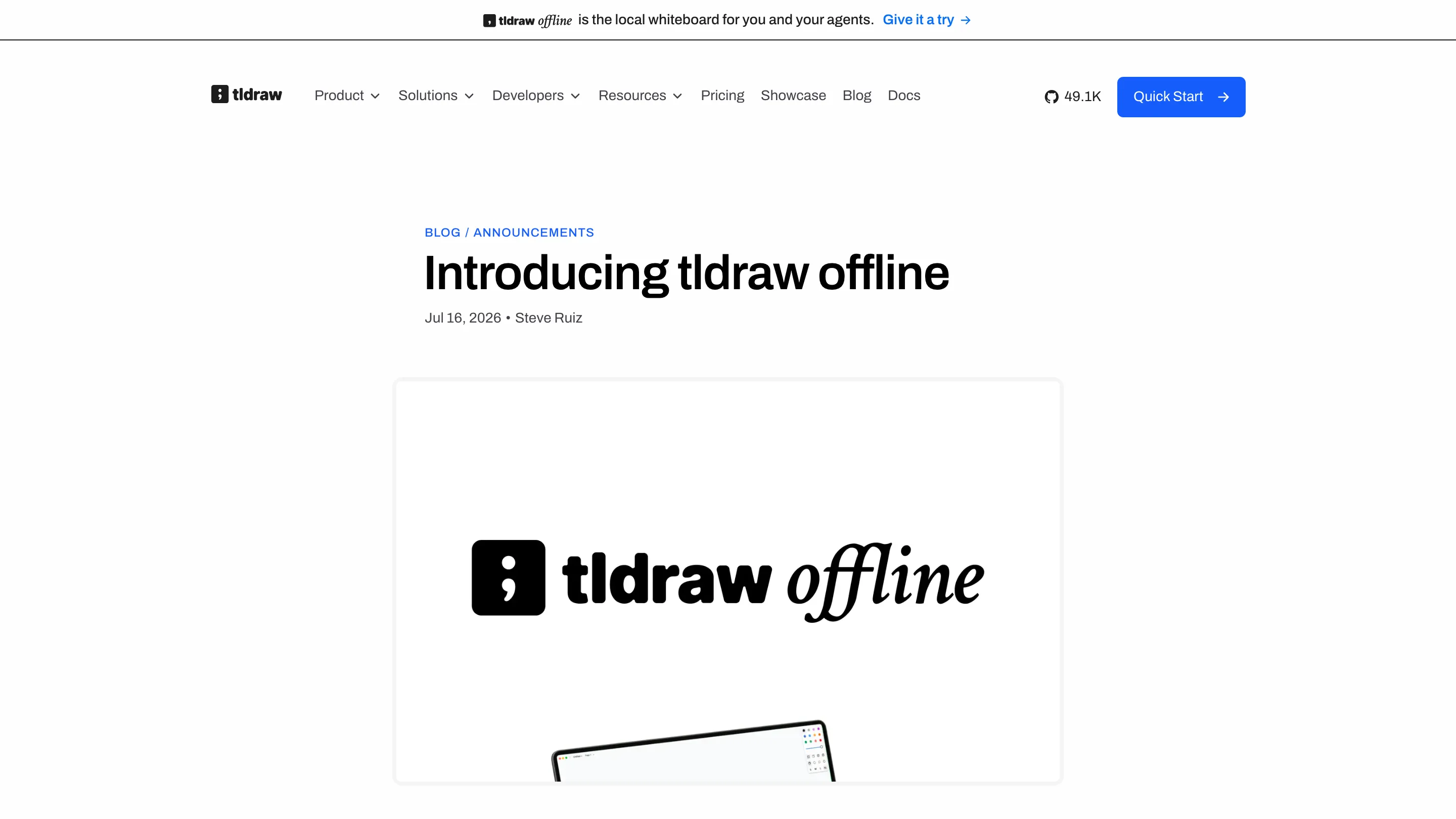 The tldraw offline announcement post on tldraw.dev, headlined as the local whiteboard for you and your agents