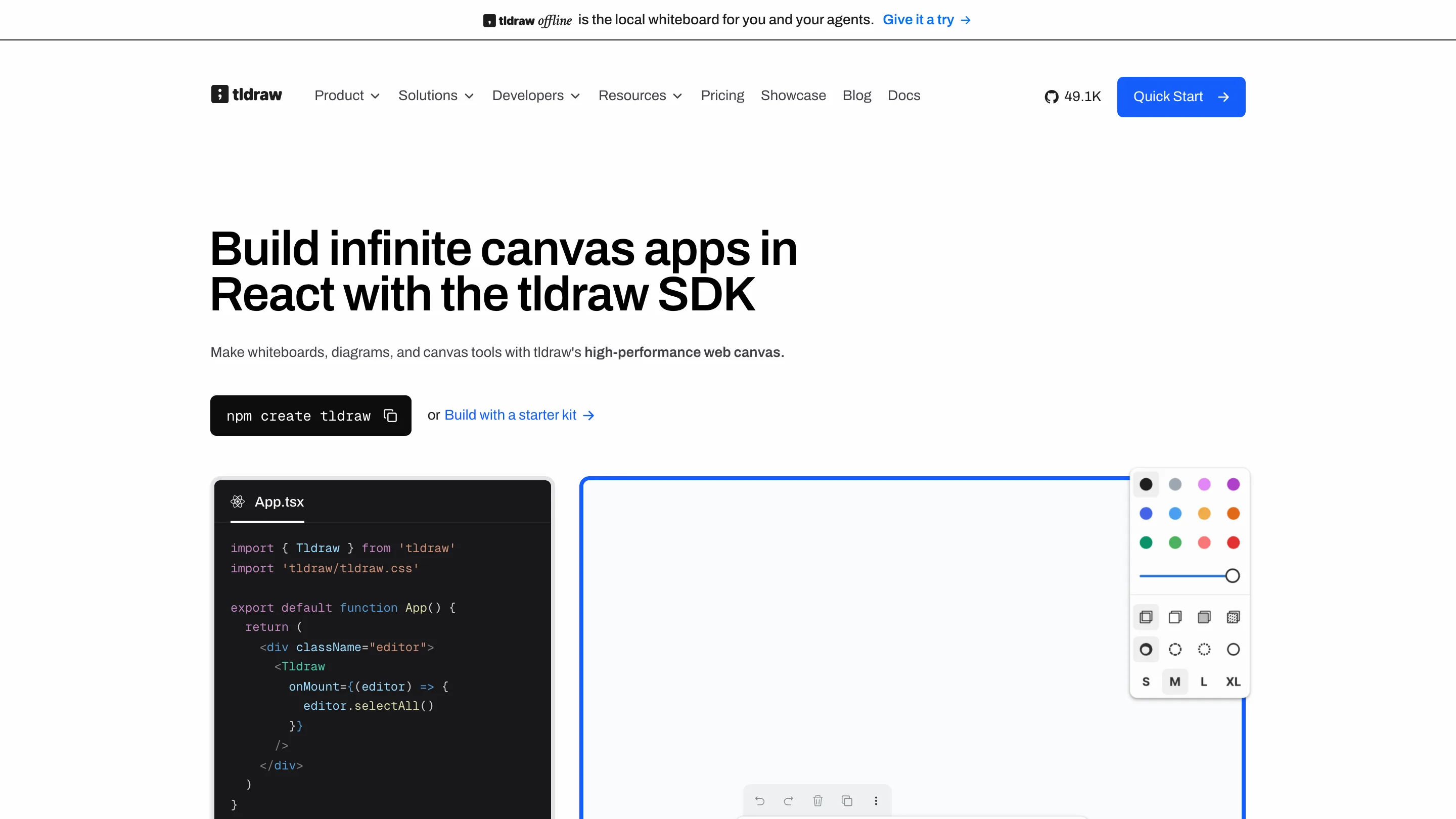 The tldraw.dev home page showing the infinite canvas SDK and its drawing tools