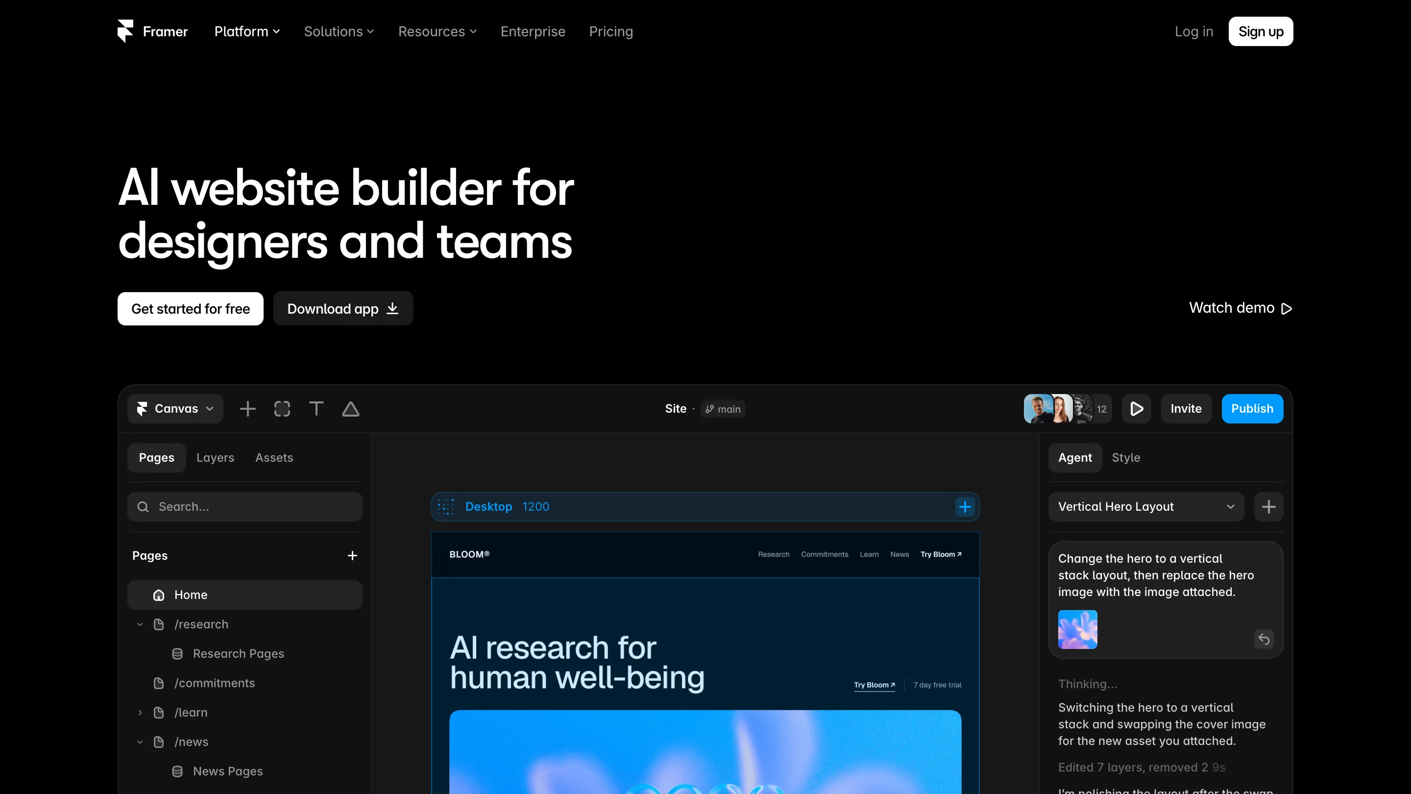 Framer's AI feature page showing the canvas with an agent panel editing a page layout from a prompt
