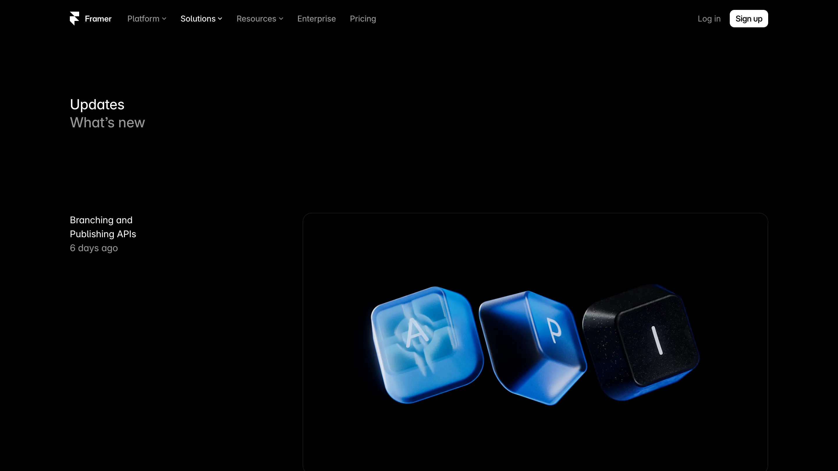 Framer's updates page listing the Branching and Publishing APIs release