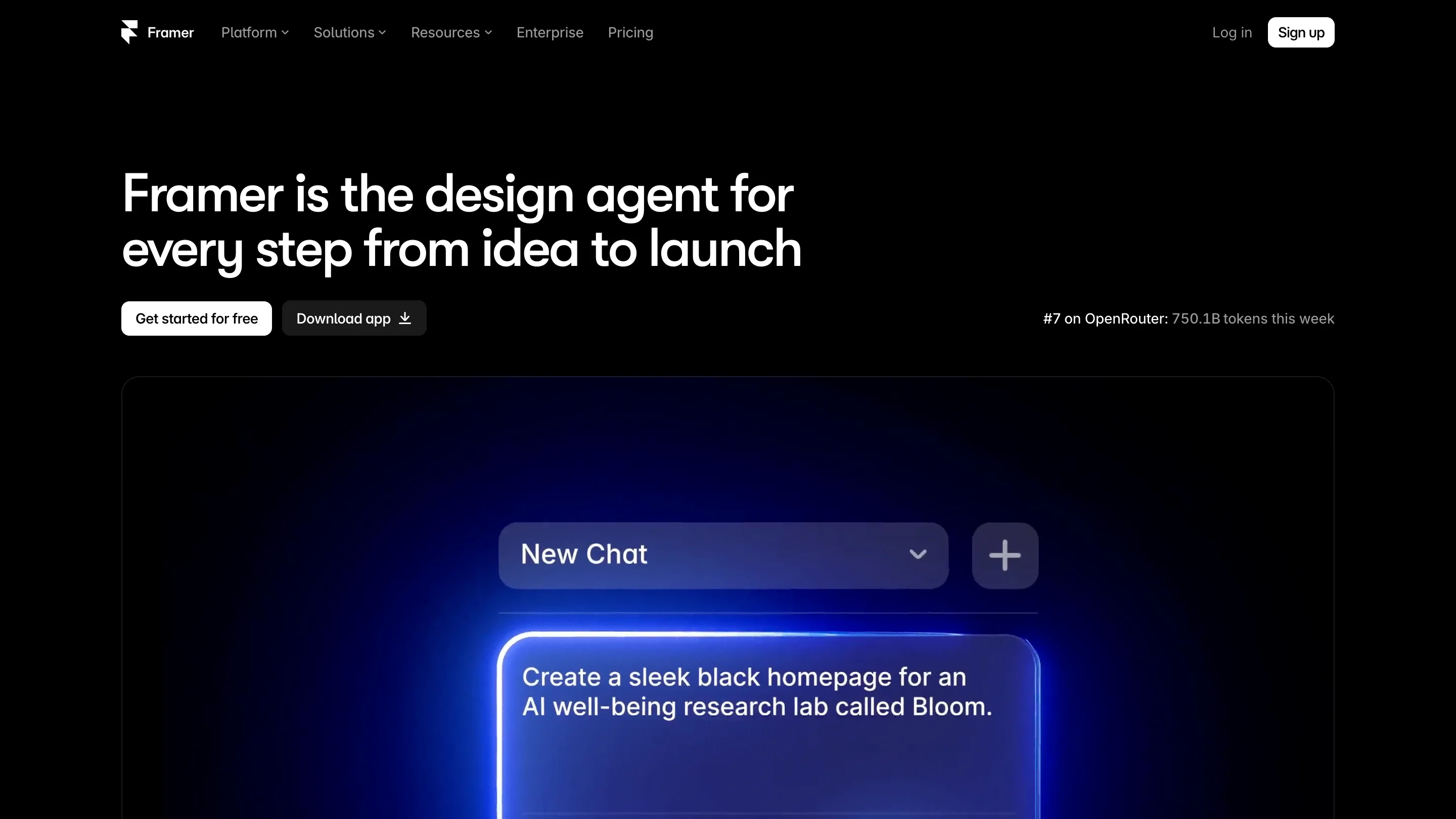 Framer's home page positioning the product as a design agent for the whole build