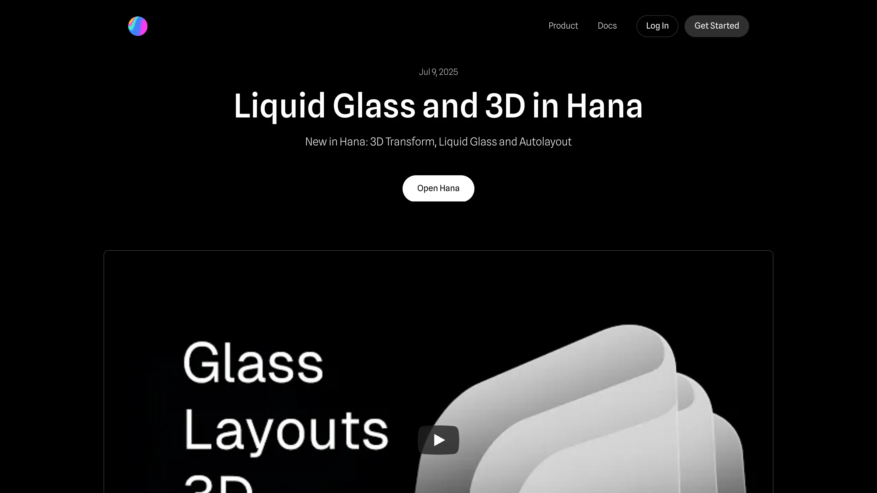 Spline's blog hero for the Hana update, titled Liquid Glass and 3D in Hana, with a stack of glass layouts.