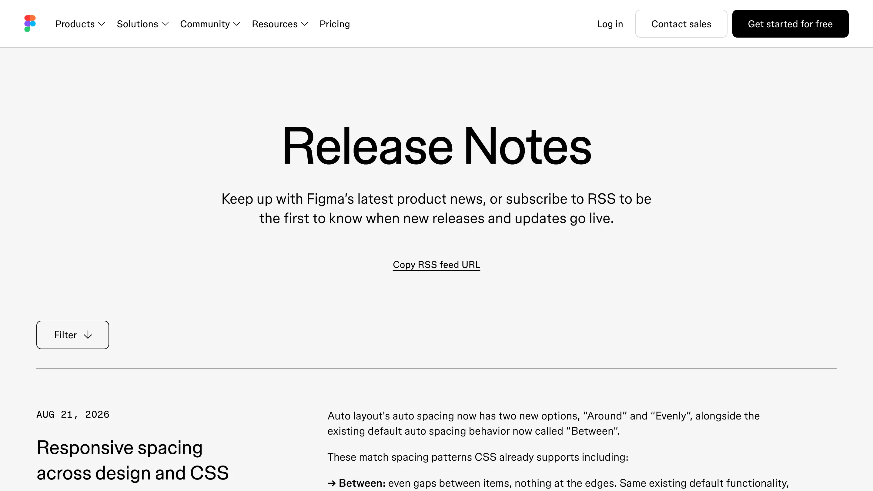 Figma release notes page, with the August 21 entry titled Responsive spacing across design and CSS.