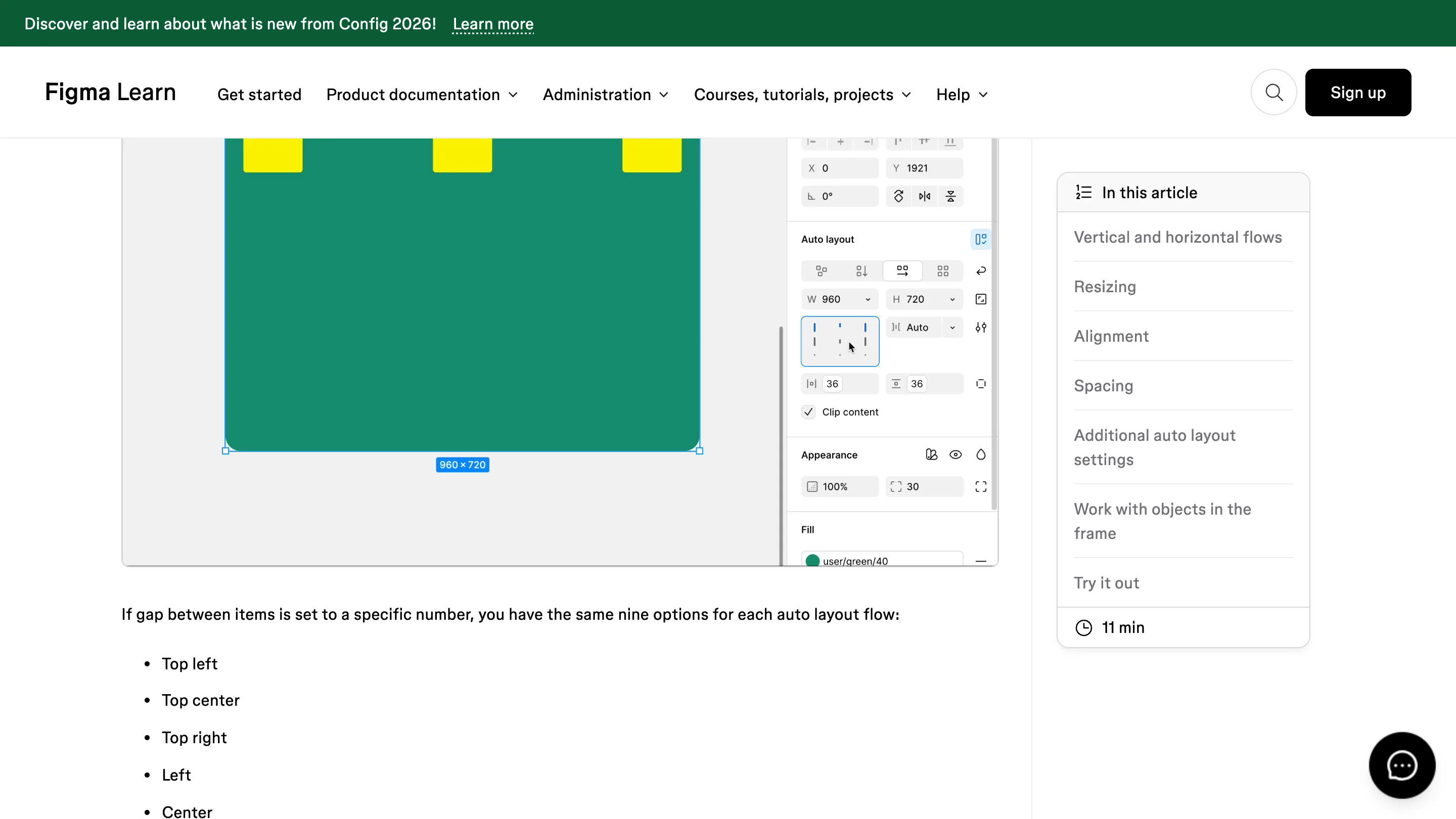 Figma's auto layout panel with Gap set to Auto and the alignment picker open