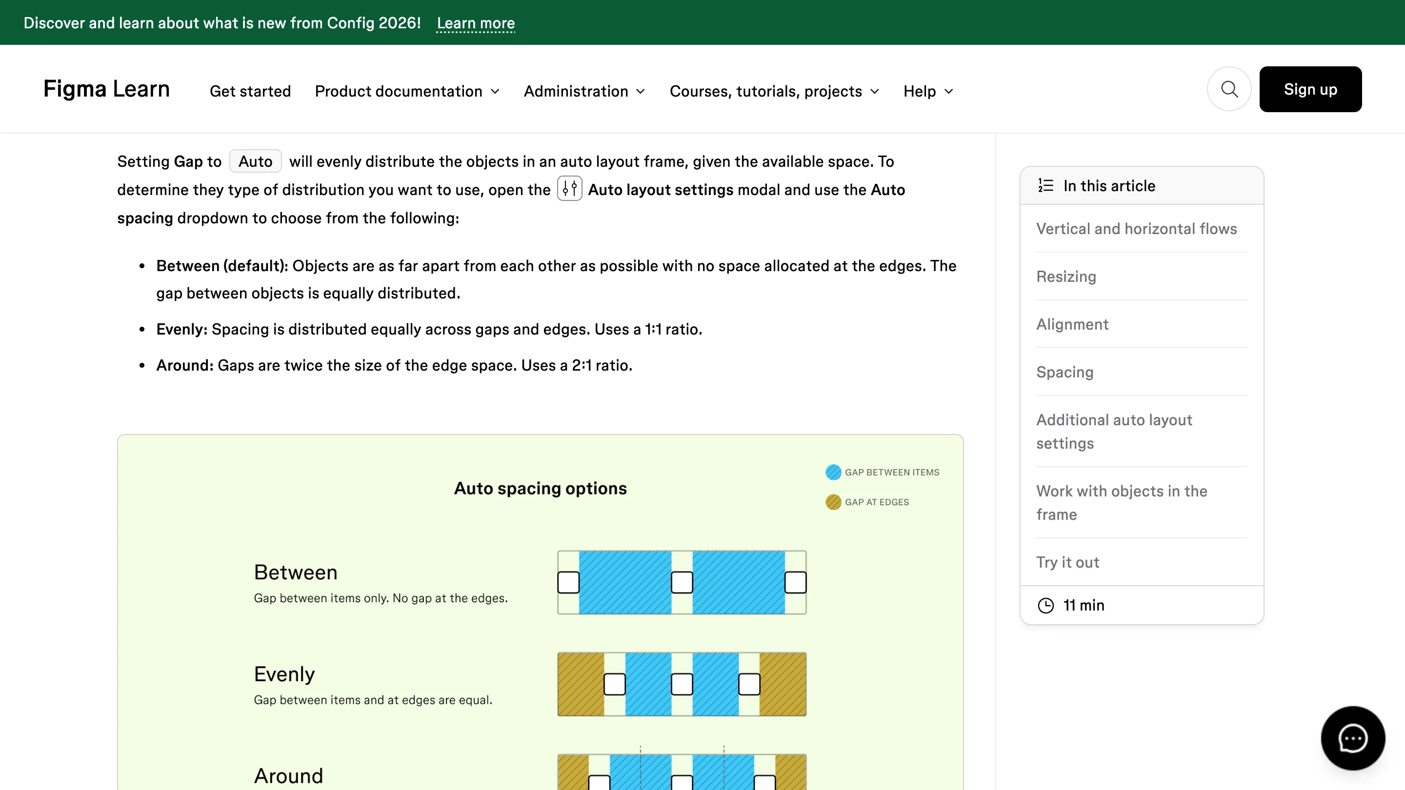 Figma's help center diagram showing Between, Evenly and Around auto spacing