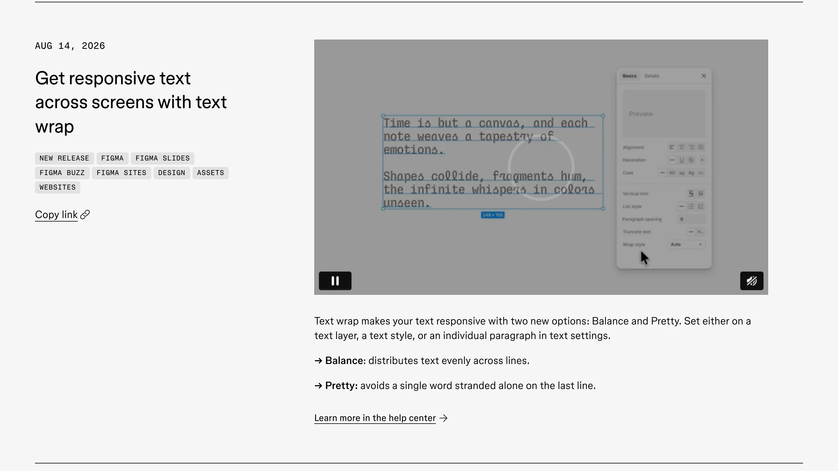 Figma release note for text wrap, showing the Balance and Pretty options