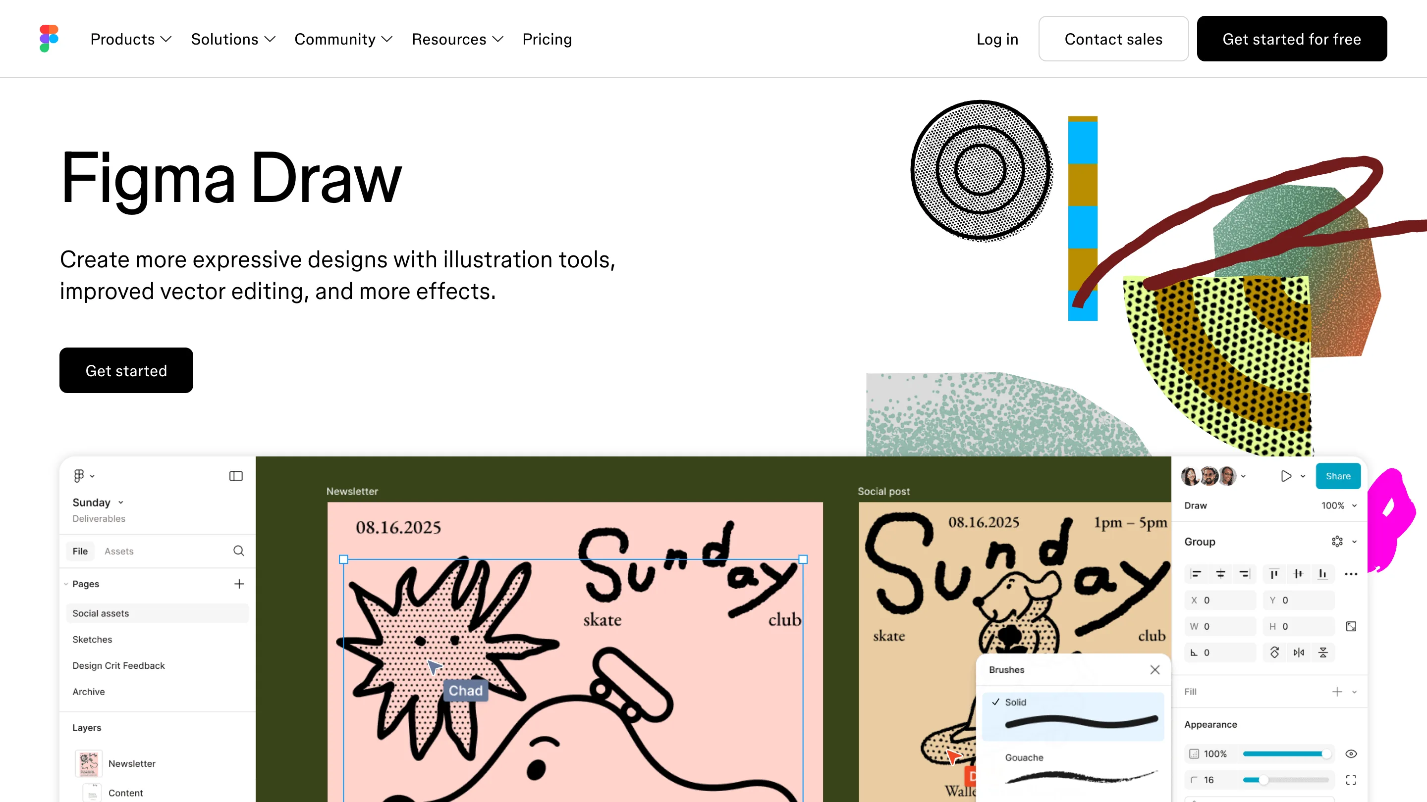 The Figma Draw product page: hand-drawn skate club posters on a canvas with the Brushes panel open