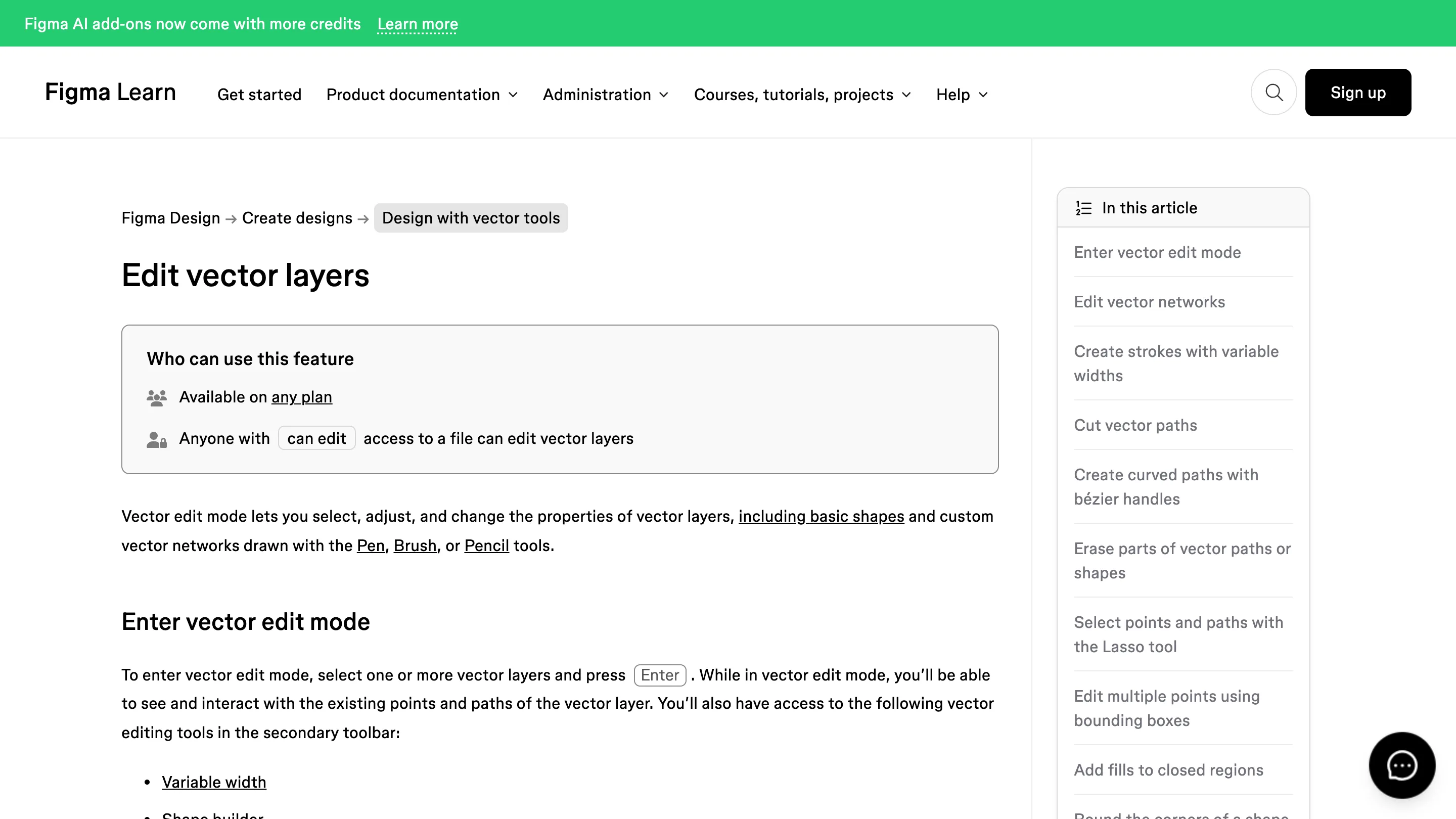 Figma's Edit vector layers documentation, listing the vector edit mode tools