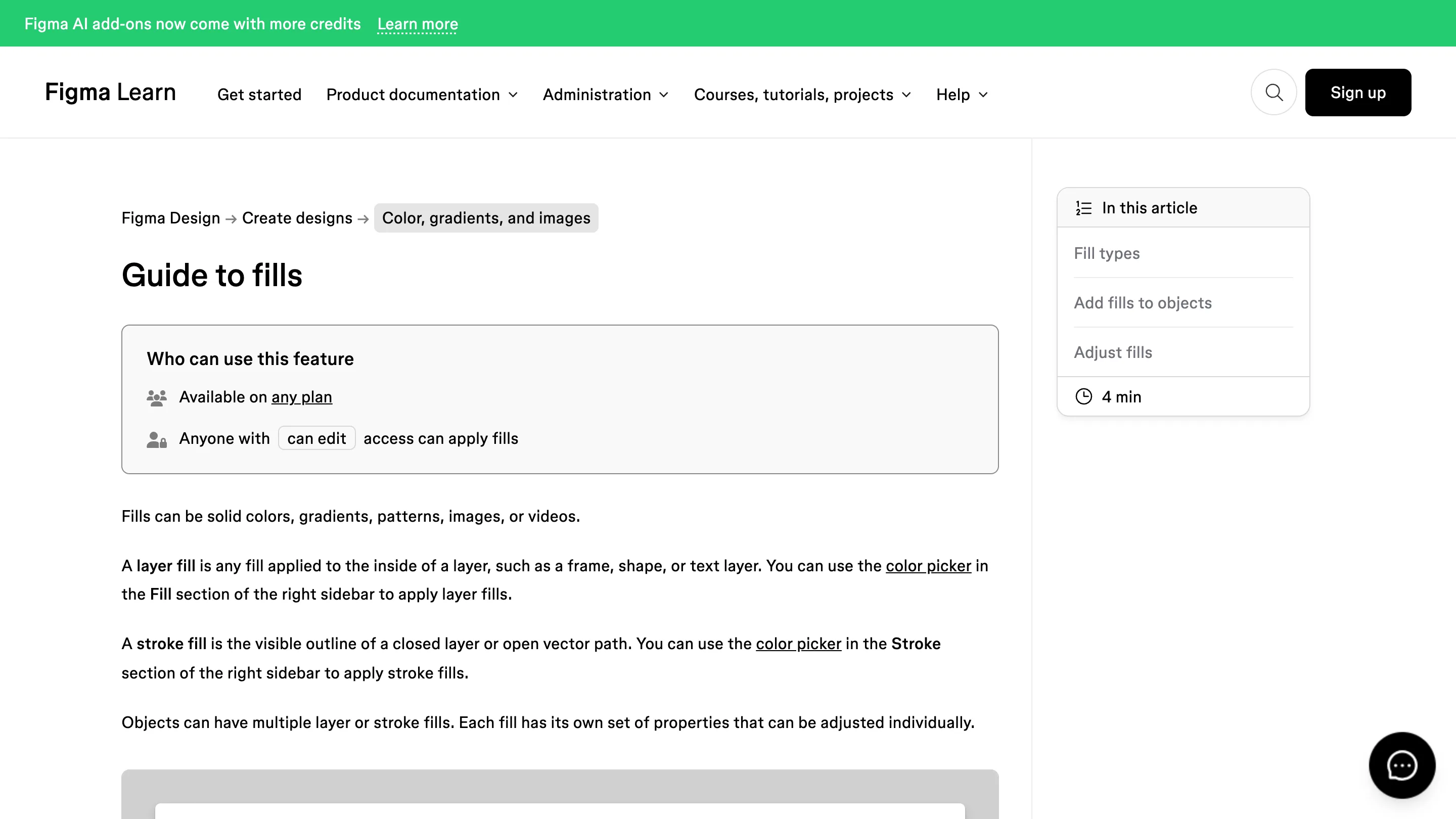 Figma's Guide to fills documentation, covering layer fills, stroke fills and fill types