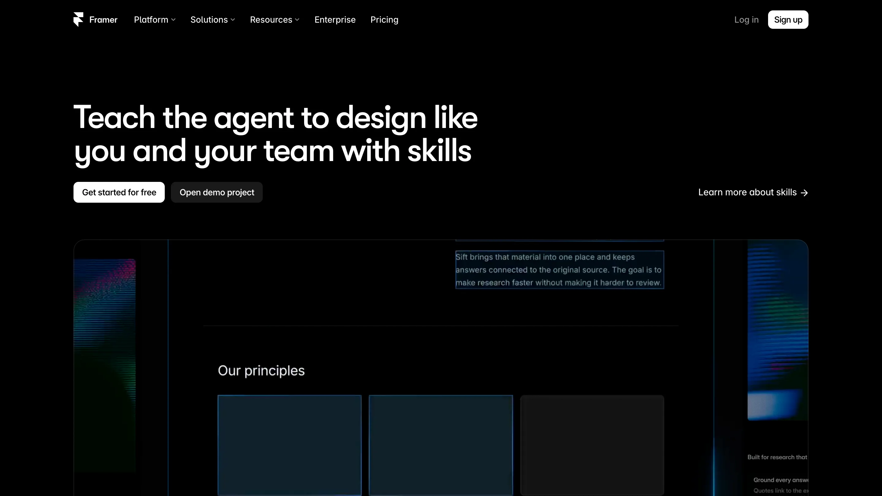 Framer’s Skills page on black, headline reading Teach the agent to design like you and your team with skills