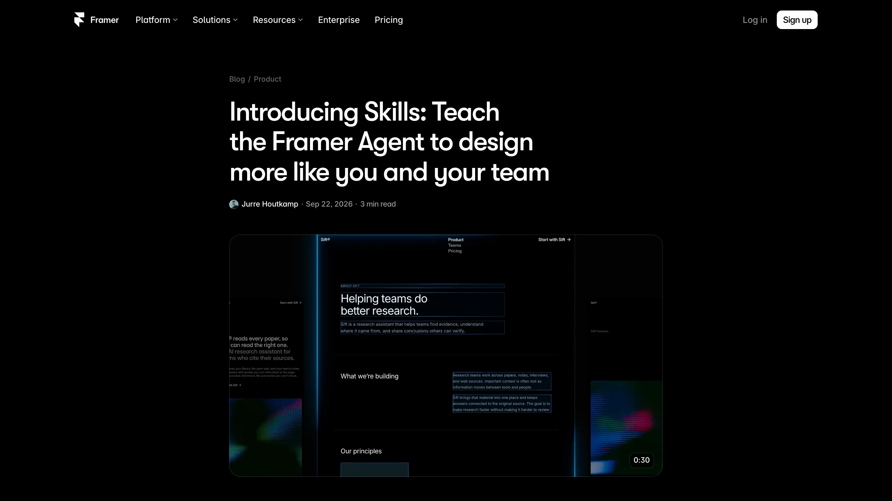 Framer's announcement post, Introducing Skills, written by Jurre Houtkamp and dated 22 September 2026