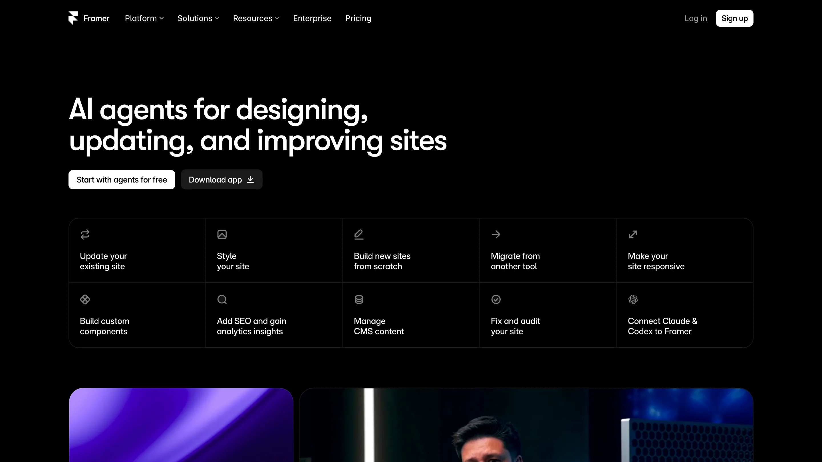 Framer's Agents page, listing ten jobs an agent can do on a site, including styling it and auditing it