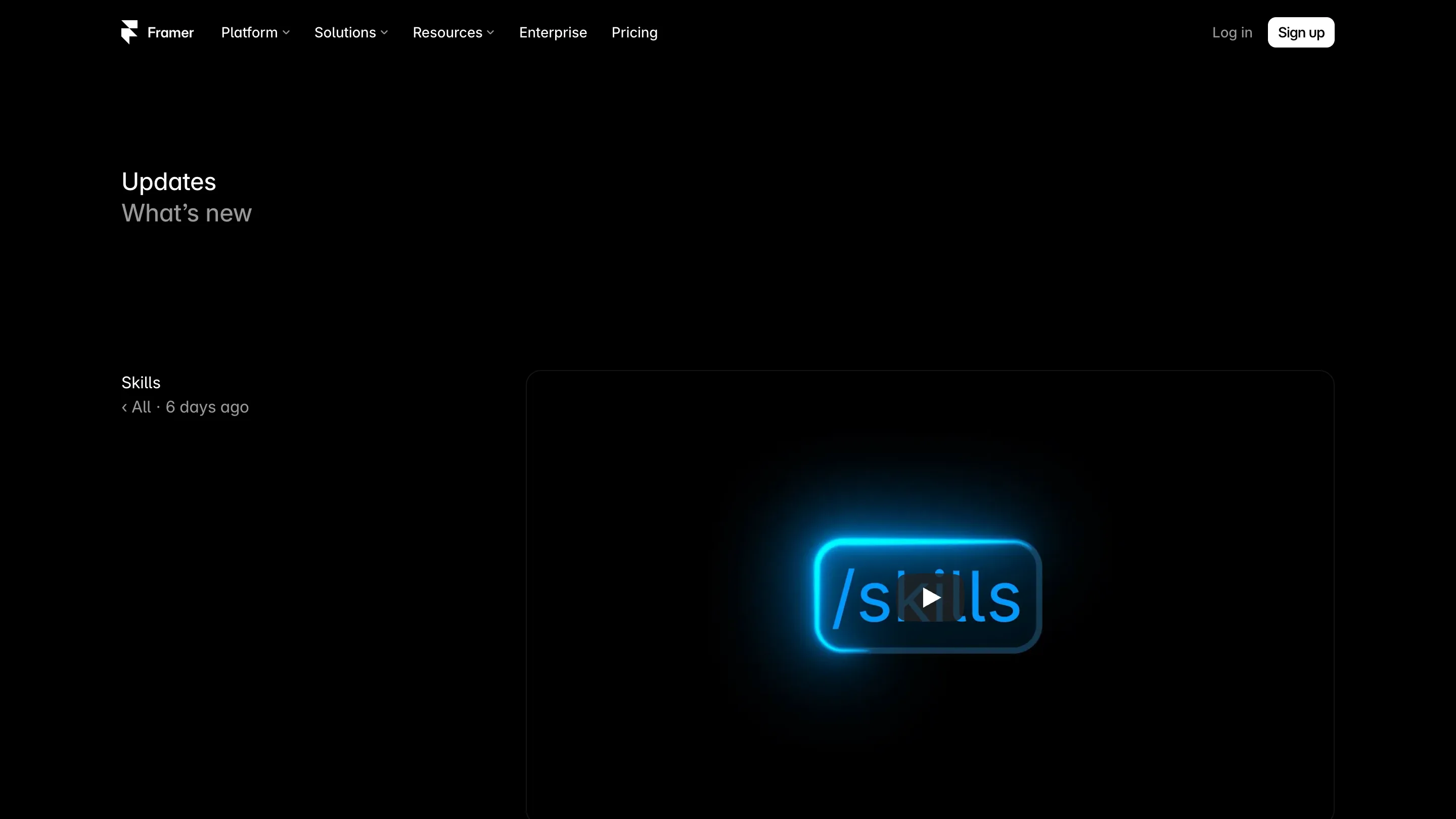 Framer's Updates page showing the Skills entry, with a glowing slash-skills command on black