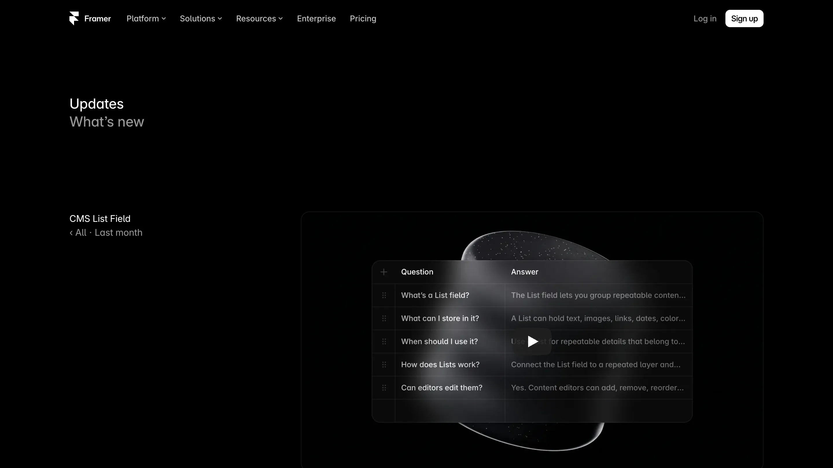 Framer's updates page for the CMS List field, with a dark Question and Answer table of five rows