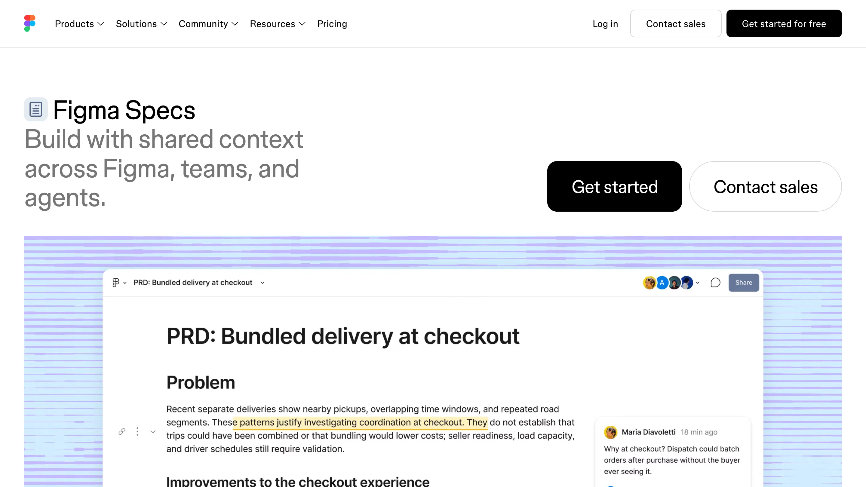 Figma Specs launch page showing a PRD document titled Bundled delivery at checkout with a comment beside it