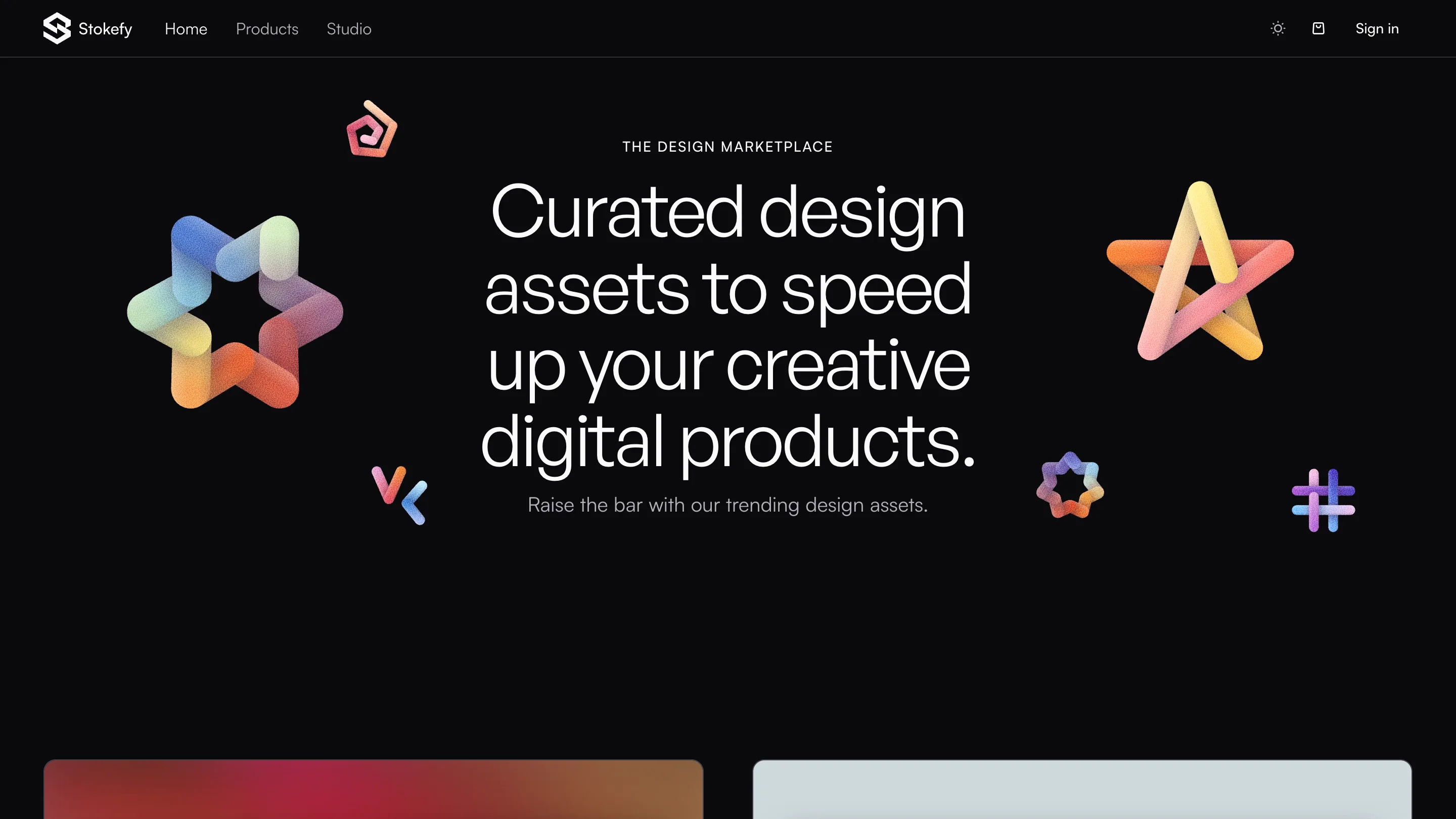 Stokefy's home page: the line Curated design assets to speed up your creative digital products, among grainy gradient 3D shapes on black