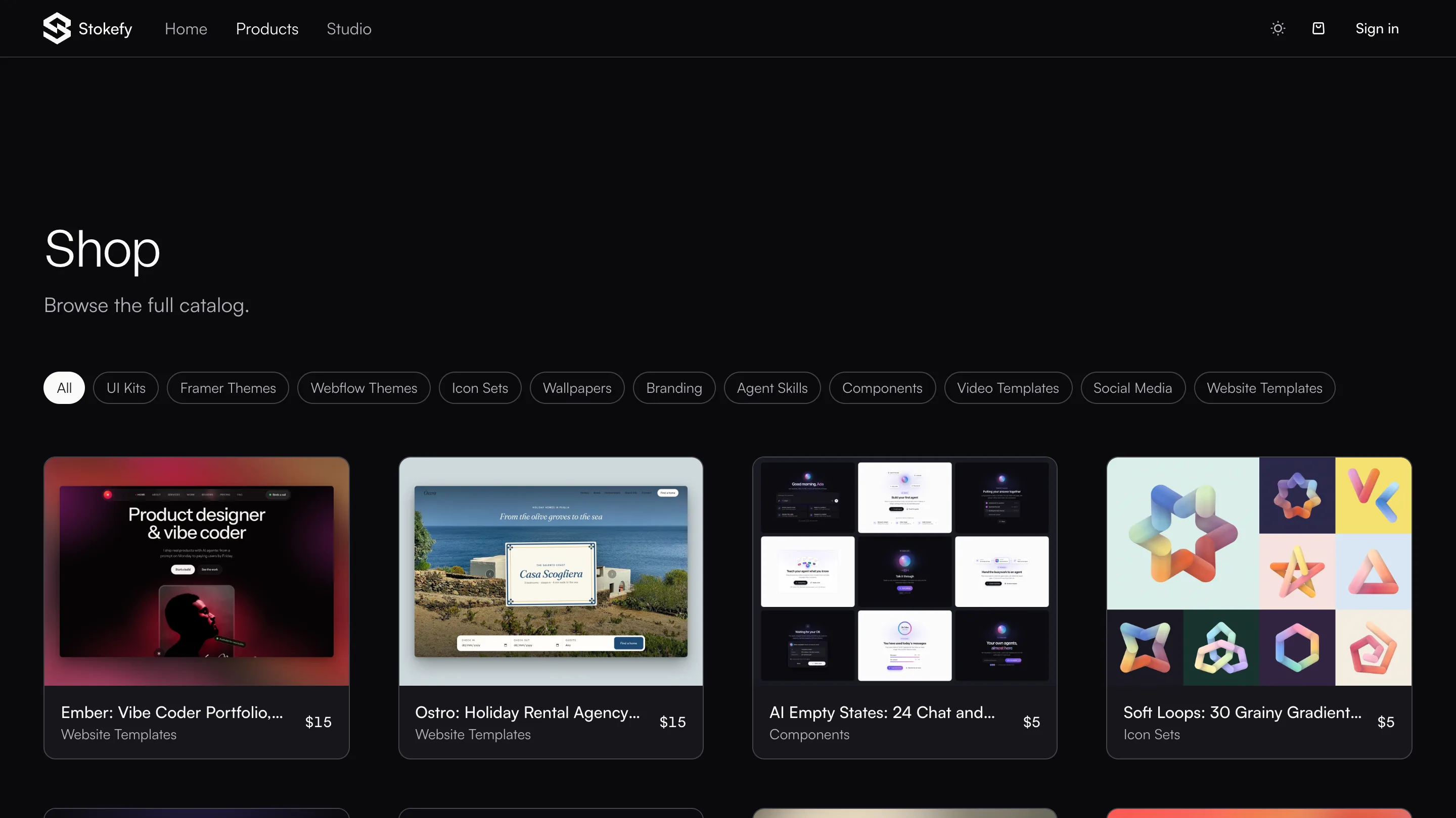 The Stokefy shop: category filters across the top, four product cards per row with price and kind