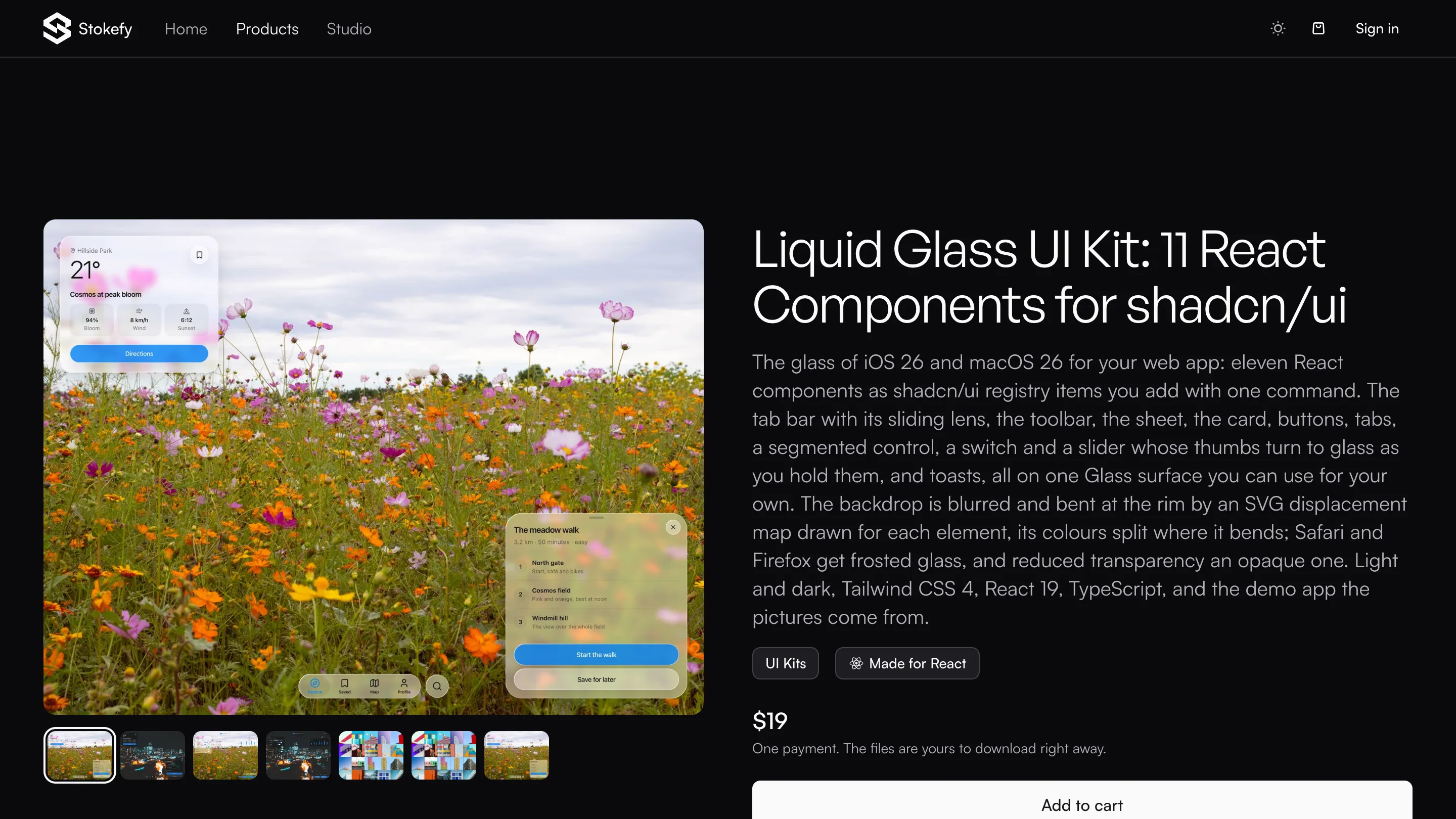 The Liquid Glass UI Kit page: a weather card and a route sheet in frosted glass over a field of cosmos flowers