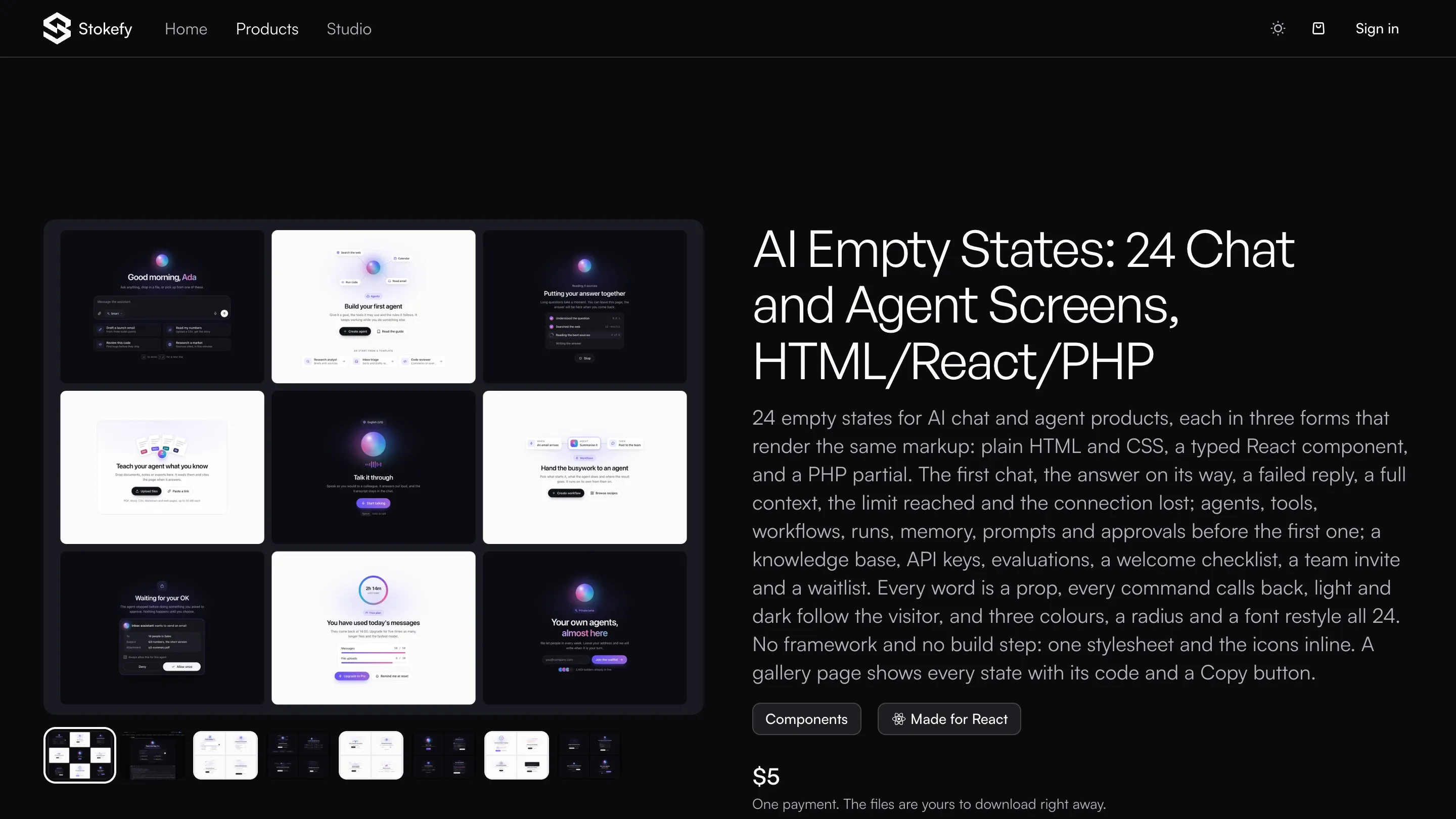 AI Empty States: a grid of nine chat and agent screens in light and dark, from Good morning to Waiting for your OK