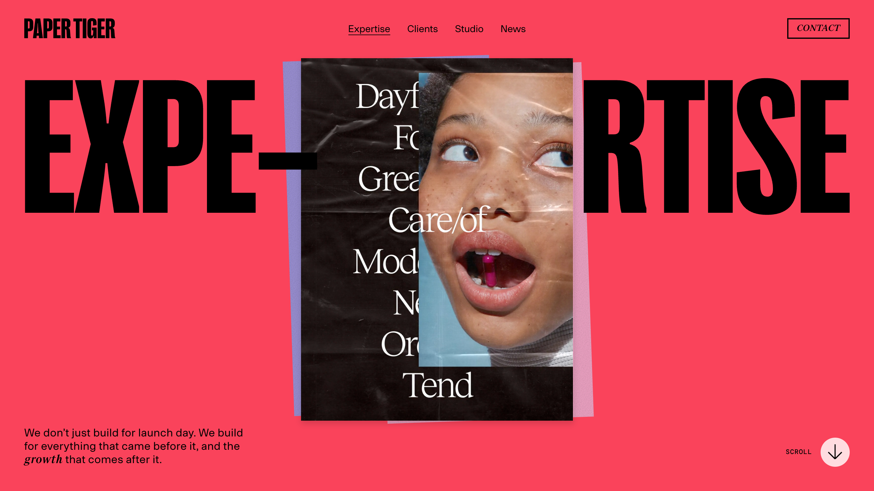 Paper Tiger's Expertise page: the word EXPERTISE split into EXPE and RTISE in heavy black type, wrapped around a torn-paper poster of a child's face, on a coral red background