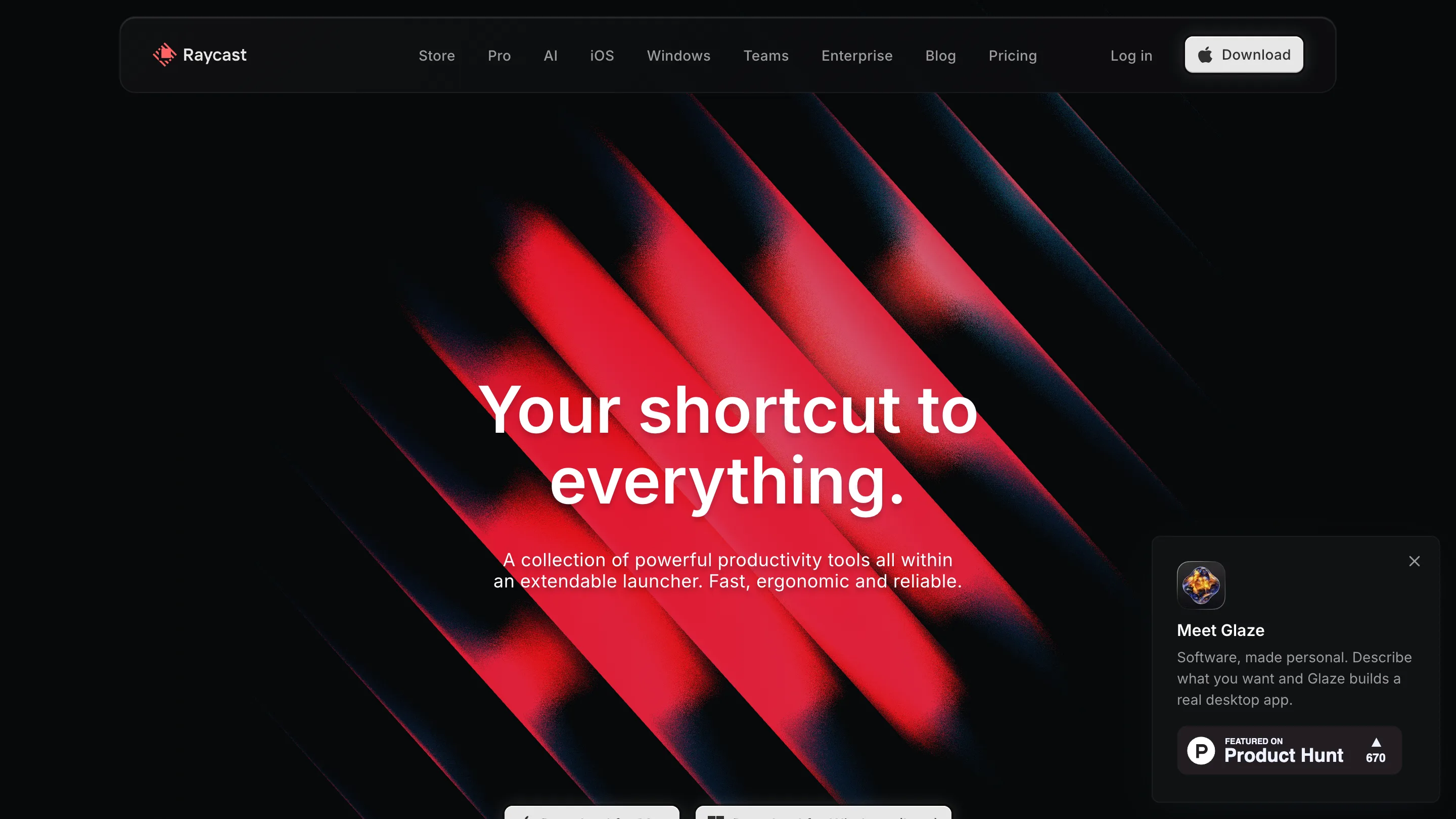 Raycast home page: the headline Your shortcut to everything set over red diagonal light ribbons on a near-black background.