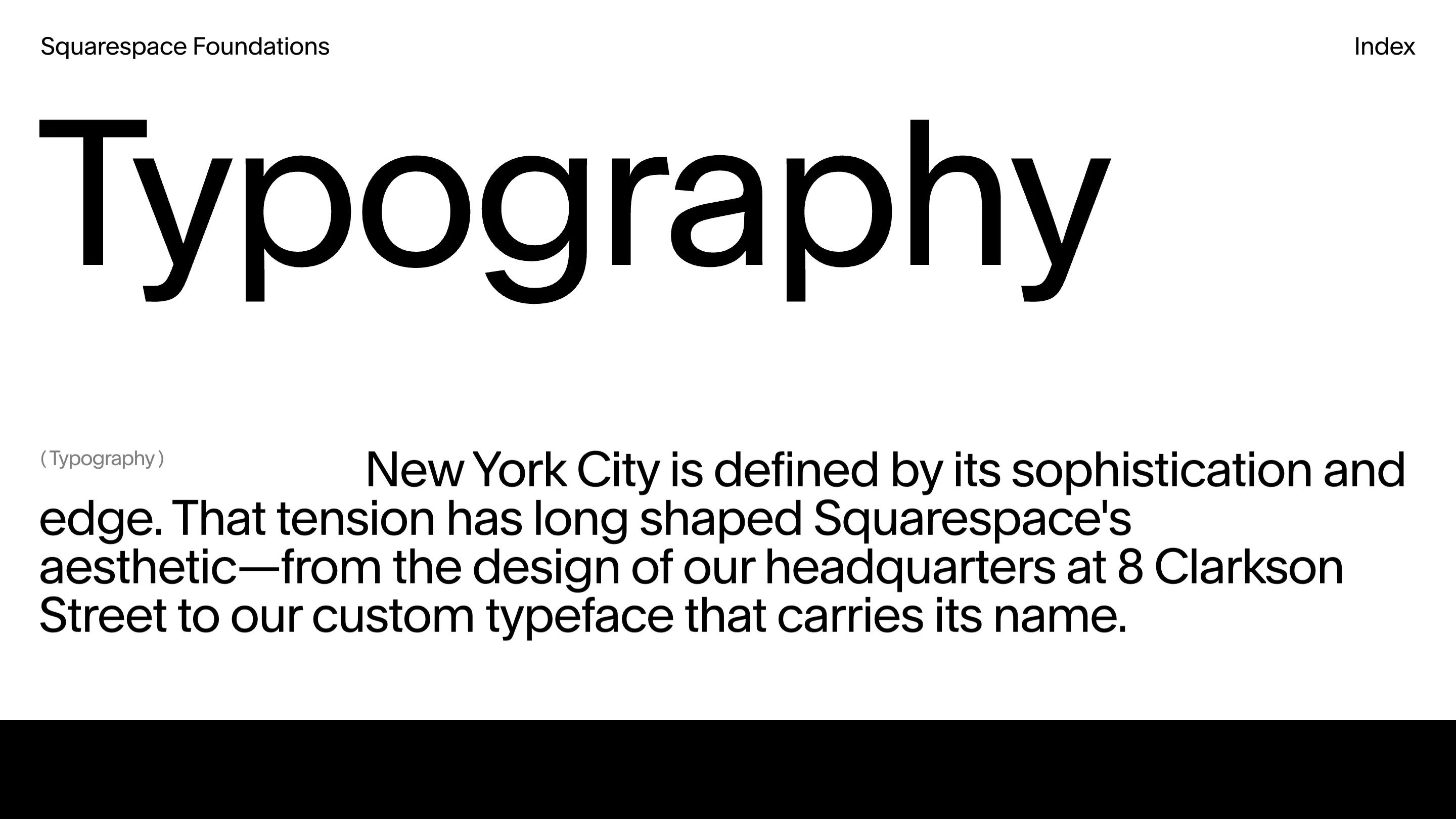 The Squarespace Foundations typography section: the word Typography set very large in black Clarkson on a white page, with a short indented paragraph beneath it.