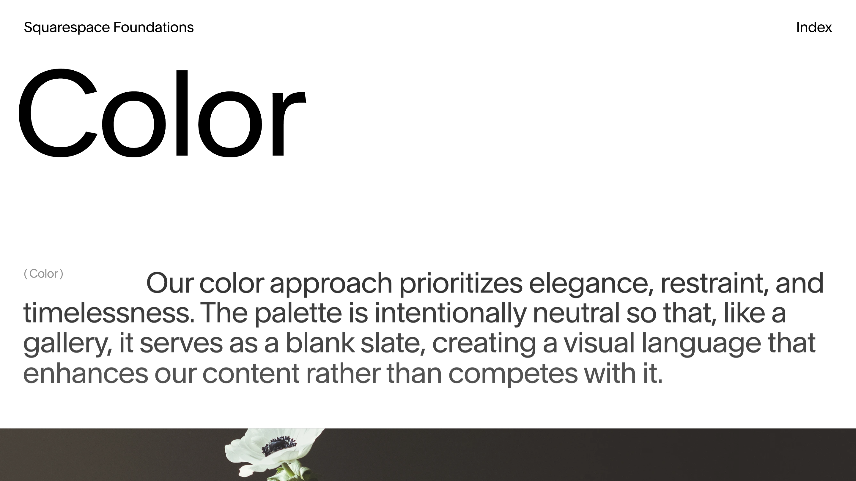 The color section, with the word Color set large and a paragraph describing the neutral palette.