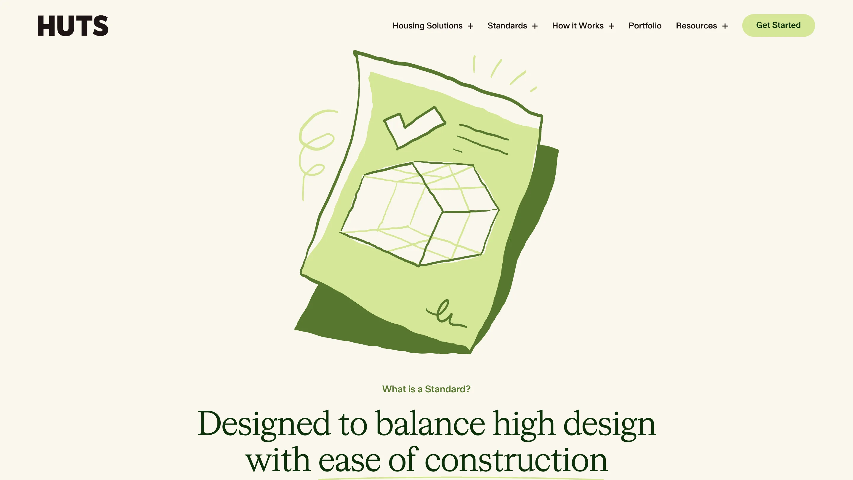 The Huts Standards page: a hand-drawn lime spec sheet above the serif headline "Designed to balance high design with ease of construction"