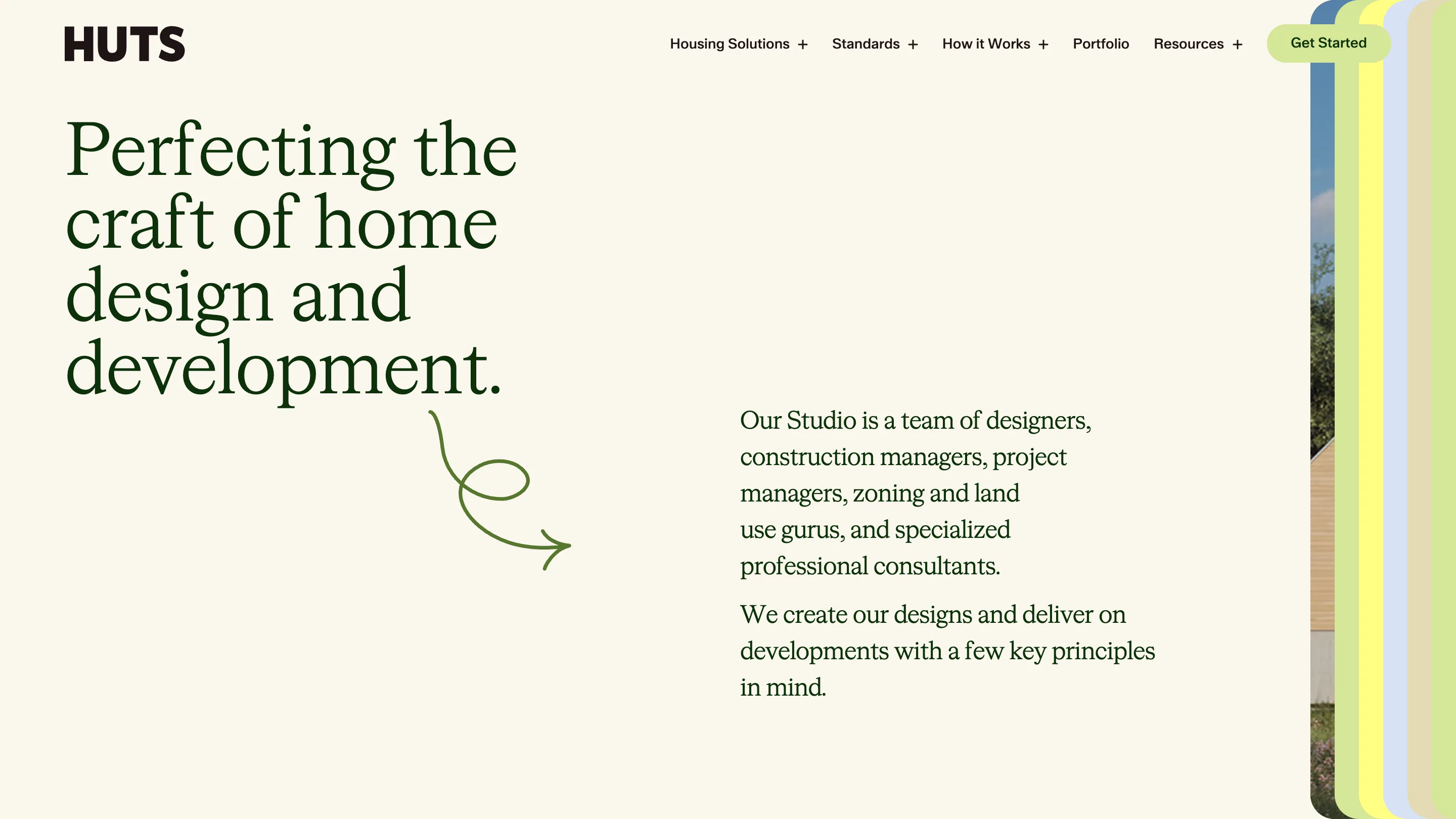 The Huts approach page: a large dark green serif headline with a hand-drawn looping arrow pointing to serif body copy