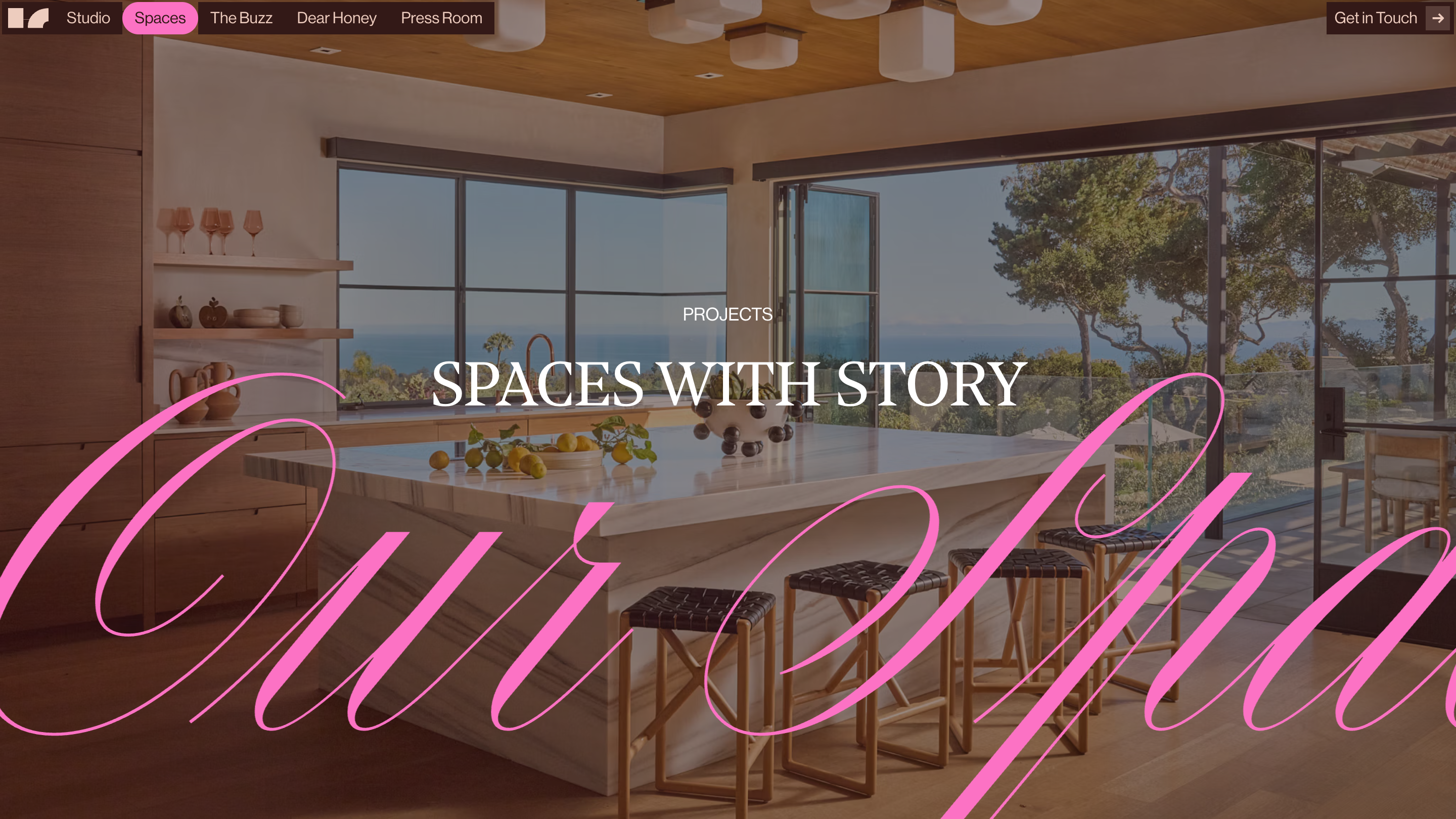 The Spaces page of House of Honey: a Malibu kitchen photo with the title SPACES WITH STORY over it and a giant pink script cropped by both edges of the frame