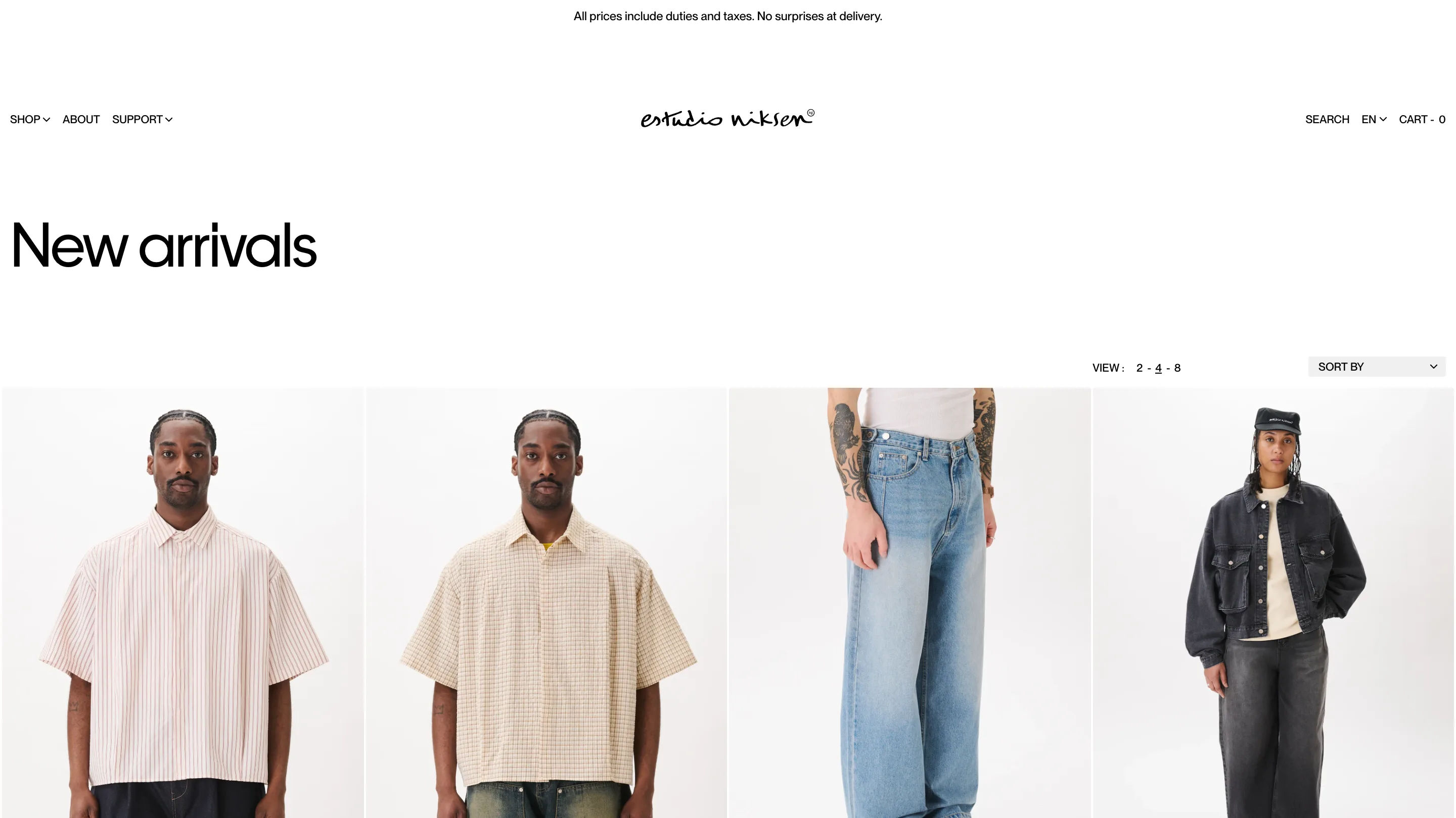 Estudio Niksen new arrivals page, four products across with no gaps between the images