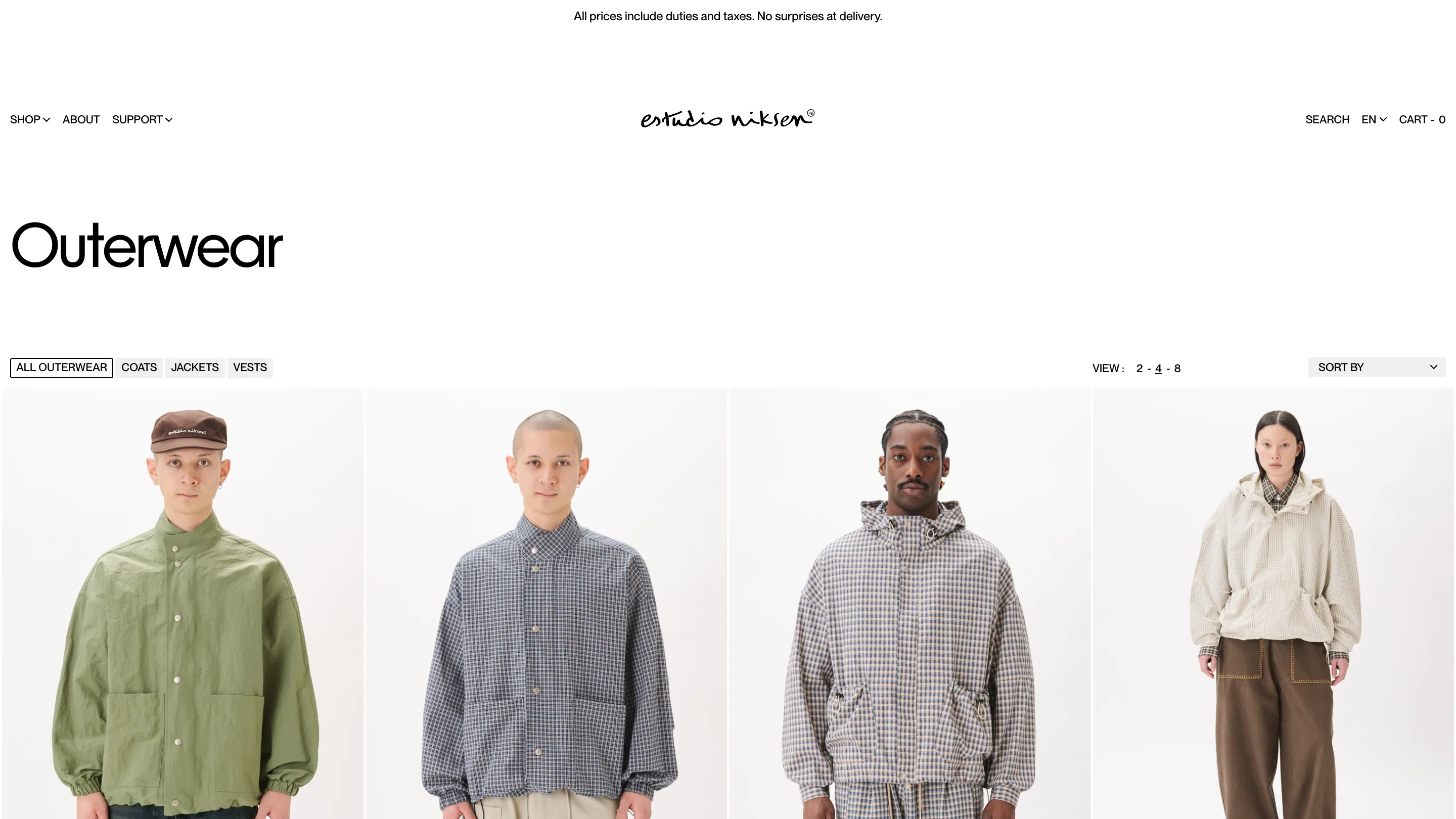 The Outerwear collection page, with a large title in white space and small boxed filter chips