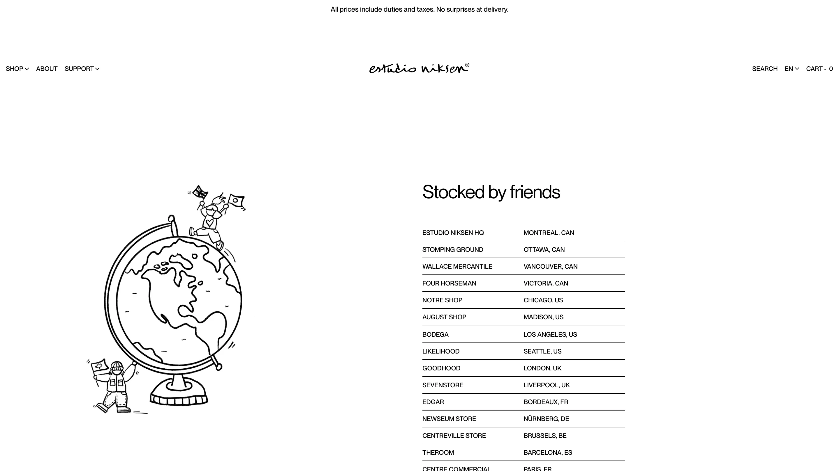 The stockists page, a ruled two-column list of shops beside a hand-drawn globe illustration