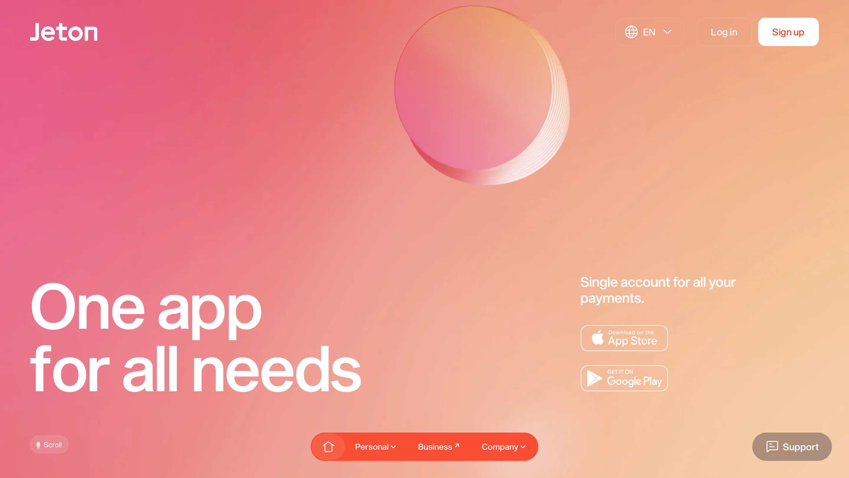 Jeton's homepage: a pink to peach gradient with a floating 3D coin, the headline One app for all needs in white, and an orange navigation pill at the bottom of the screen