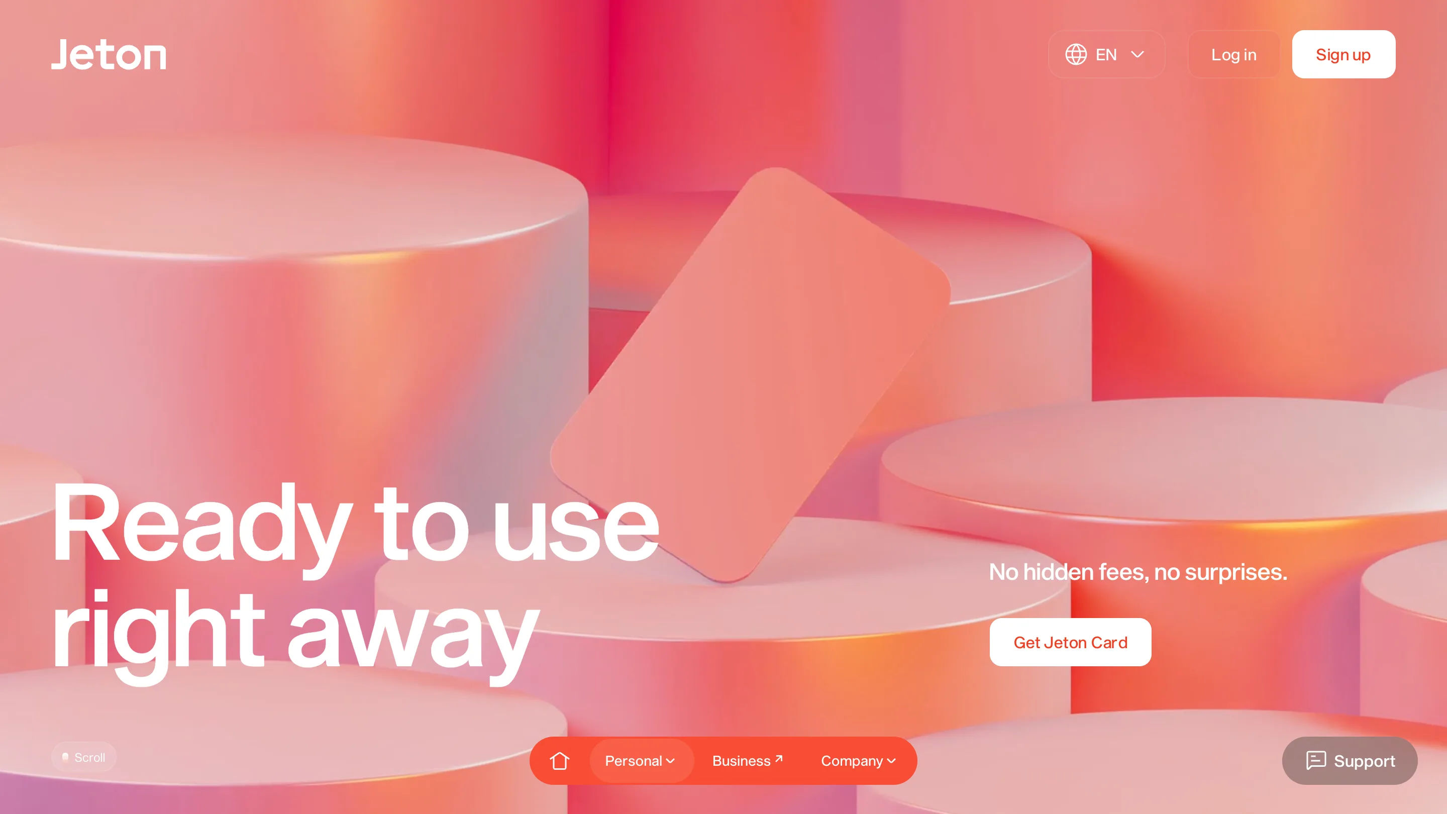 The Jeton Card page: a stack of pale pink 3D cylinders with a card balanced between them, and the headline Ready to use right away