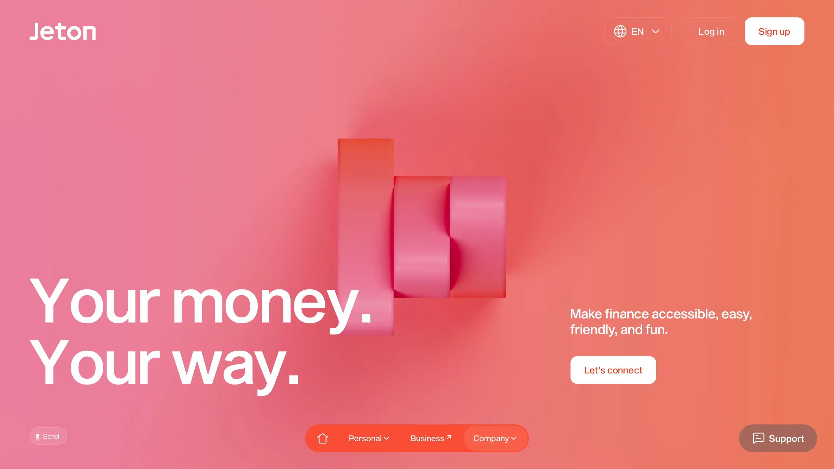 The Jeton about page: an extruded 3D J and a pink disc against a coral gradient, with the headline Your money. Your way.