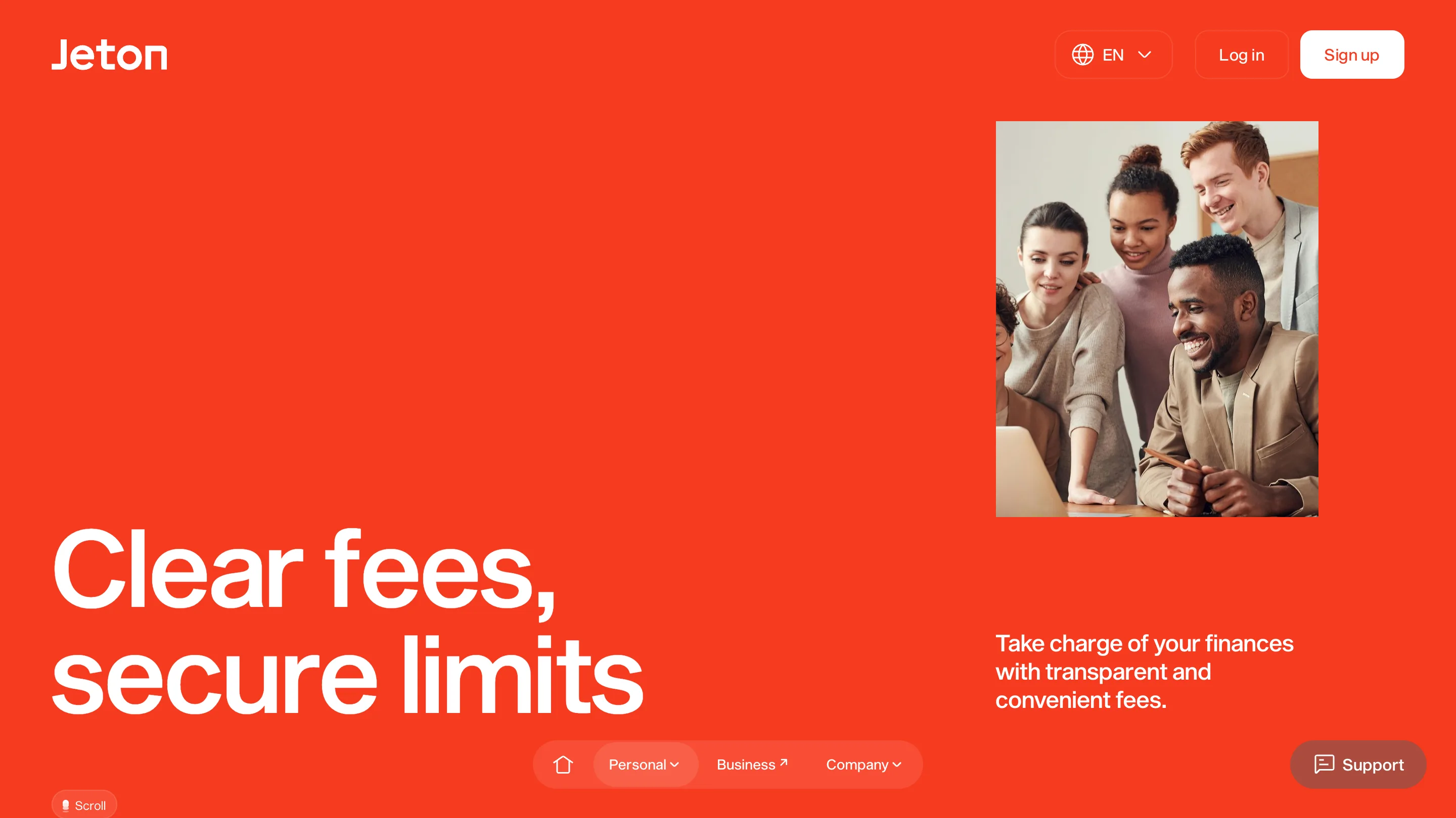 The Jeton fees page: a flat orange background, the headline Clear fees, secure limits, and a stock photo of four people around a laptop