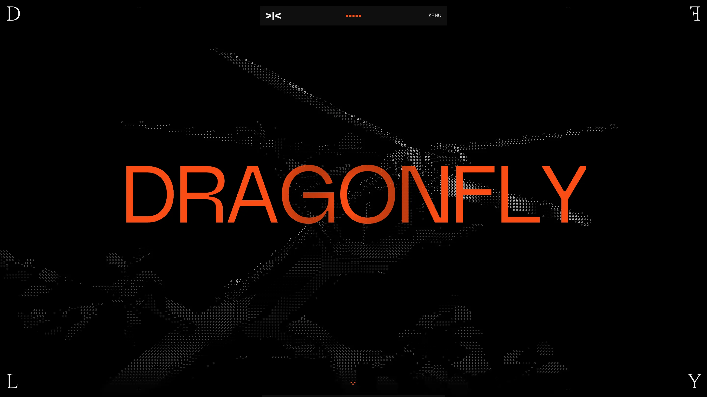 Dragonfly's homepage: an insect drawn in ASCII characters on a black background, with DRAGONFLY set in orange across the middle