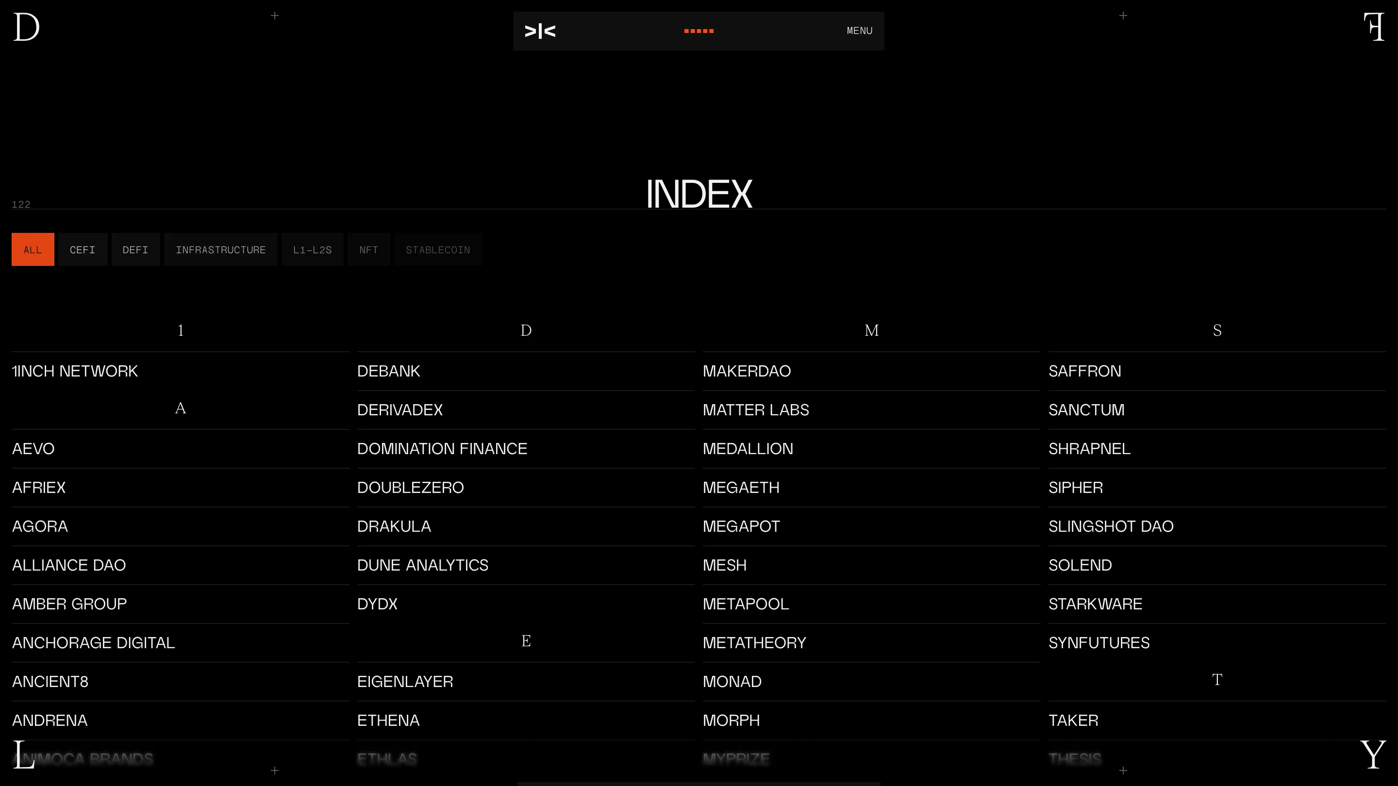 Dragonfly's portfolio index: 122 companies in four alphabetical columns with filter chips across the top