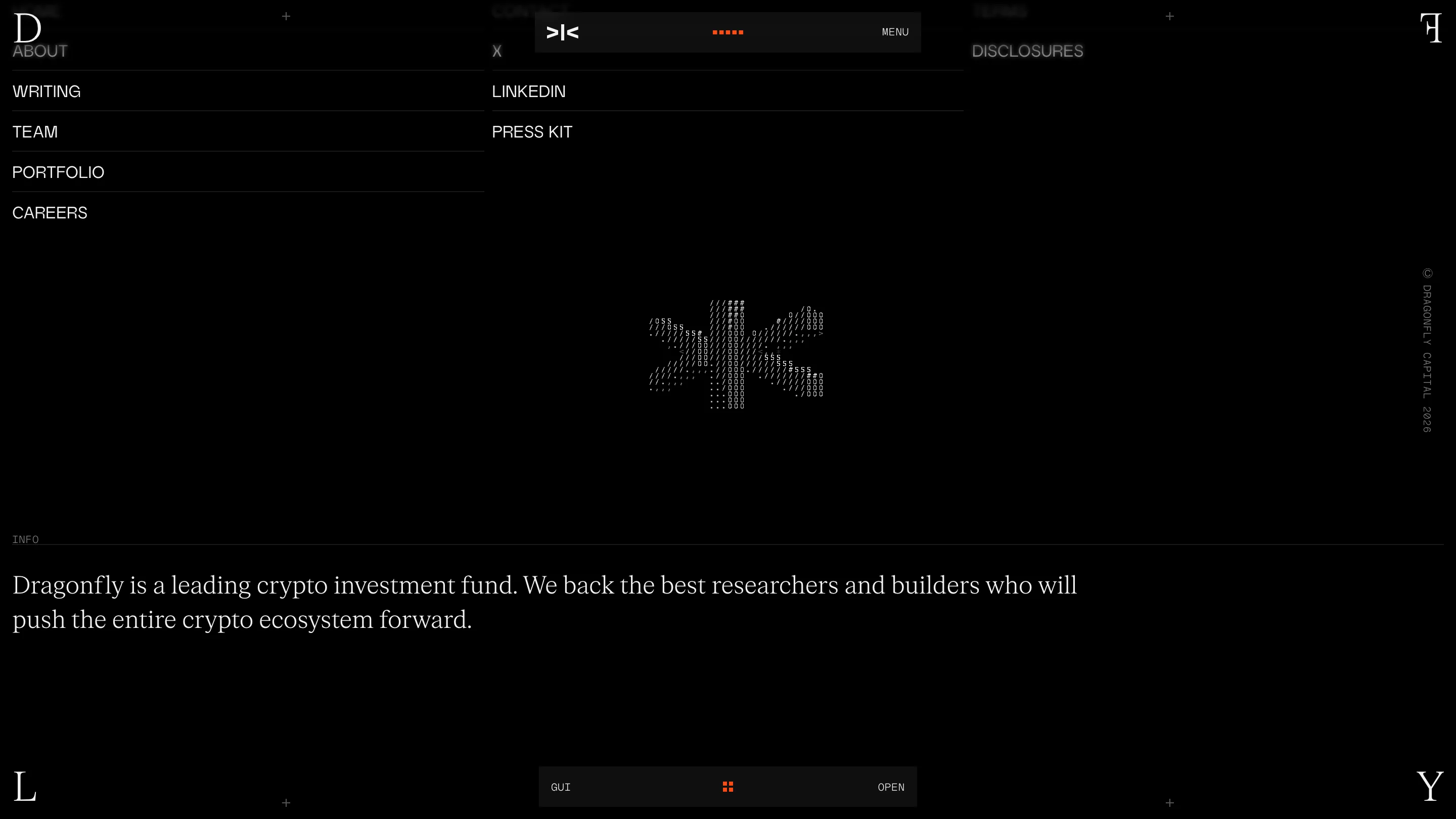 Dragonfly's footer: a small ASCII dragonfly above a serif line of body copy