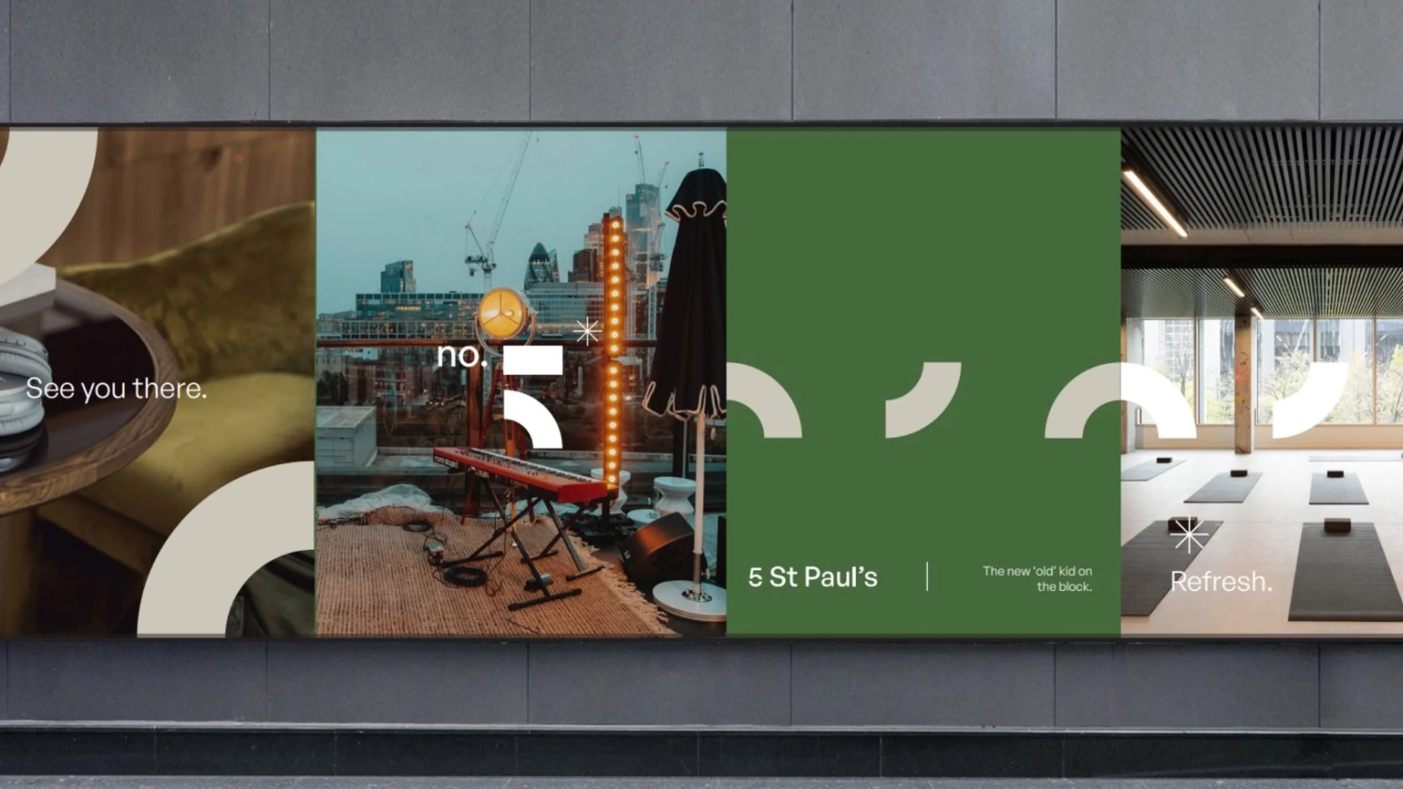 Brand identity for 5 St Paul's shown full-bleed on 'kin's home page, cream arcs on green
